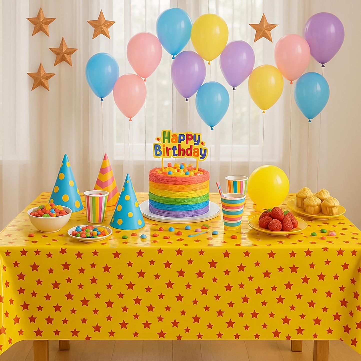 iCius Anime Theme Tablecloths 6-Pack Yellow and Red Stars Print 108"x54" - Disposable Table Covers for Cosplay Birthdays, Vedio Game Themed Party Decor Supplies