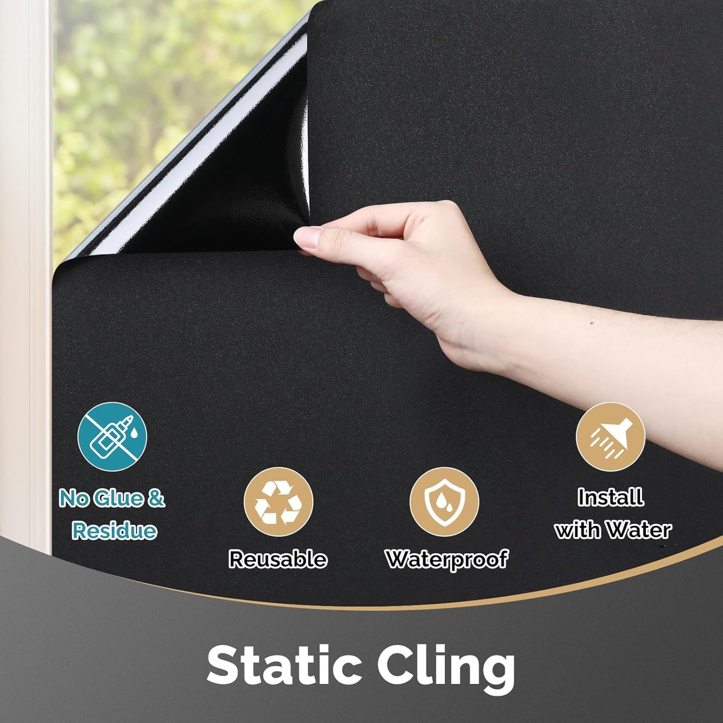 DOWELL Blackout Window Film, 100% Light Sun Blocking Static Cling Frosted Privacy Film for Glass, Heat Control Removable Window Tint, Room Darkening Cover for Day Sleep, Black, 17.5" x 157.5"