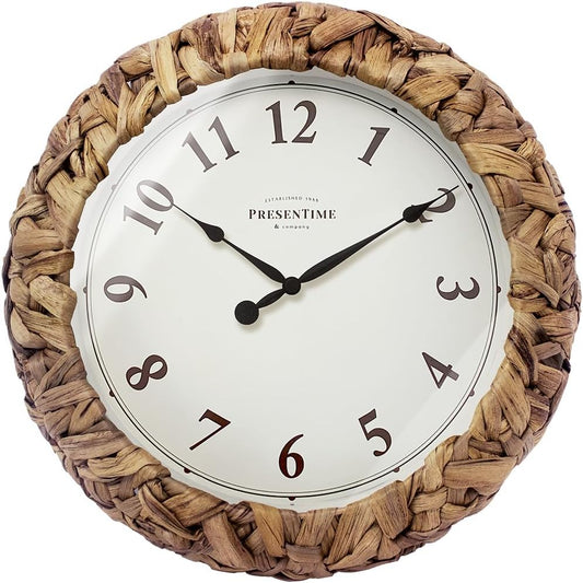 Presentime & Co. Farmhouse Series, Rustic Woven Clock, 12.6 inch, Natural Woven Water Hyacinth/Sea Grass. Wall Sculpture, Wall Art and Timepiece for Home Decoration/Decoration/Farmhouse Décor