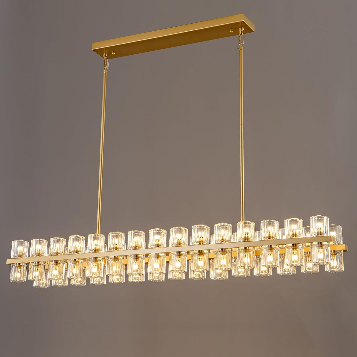 Crystal Brass Rectangle Chandeliers for Dining Room, 54in Gold Farmhouse Chandeliers for Dining Room, Modern Rectangle Crystal Chandelier for Kitchen Island Living Room, Includes 60XG4 Bulbs