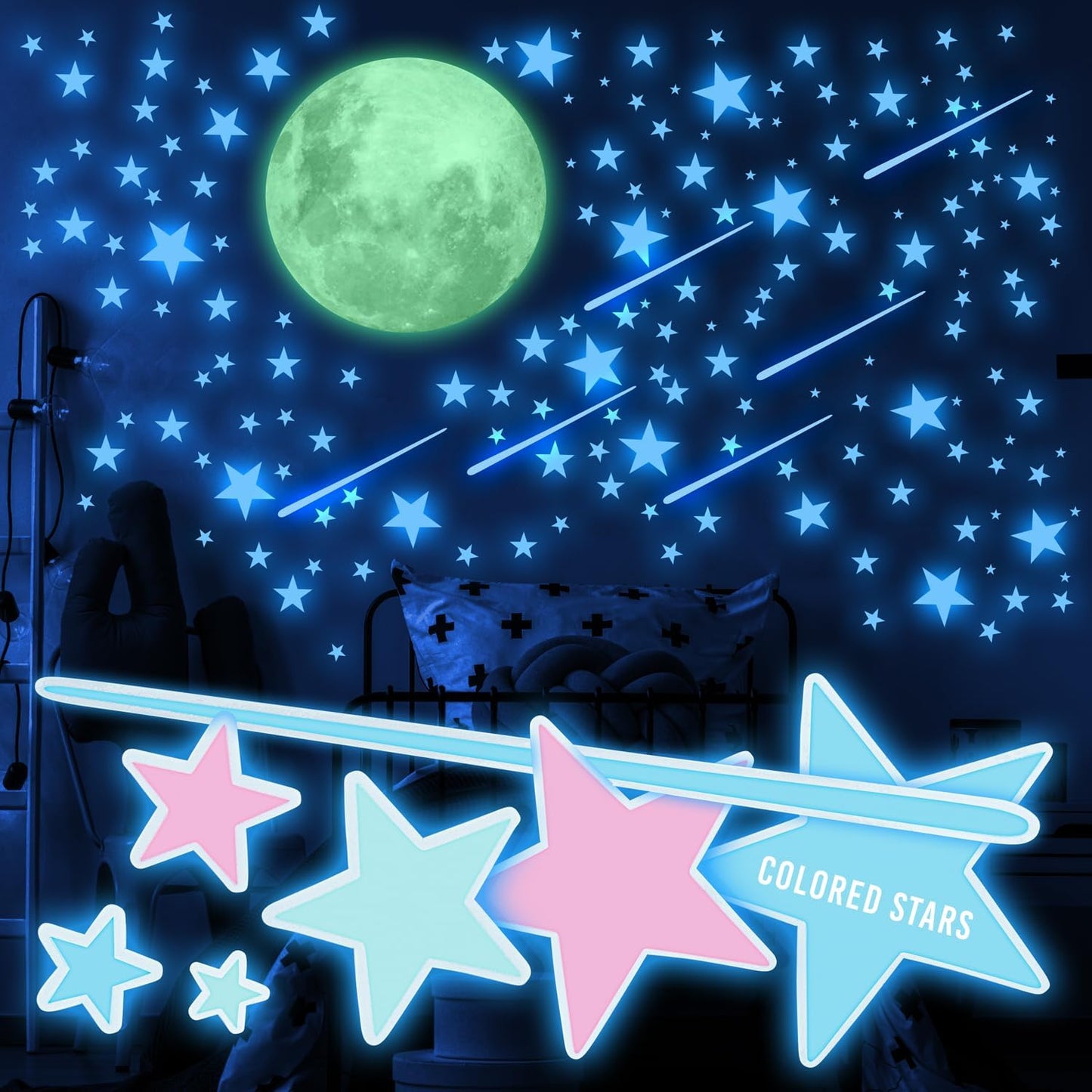 liderstar Glow in The Dark Stars and Moon for Ceiling, Luminous Stars and Moon Wall Decal, Wall Decor,Sticky Fluorescence Stars,Gift for boy and Girl Perfect for Kids Nursery Living Room(Colorful)