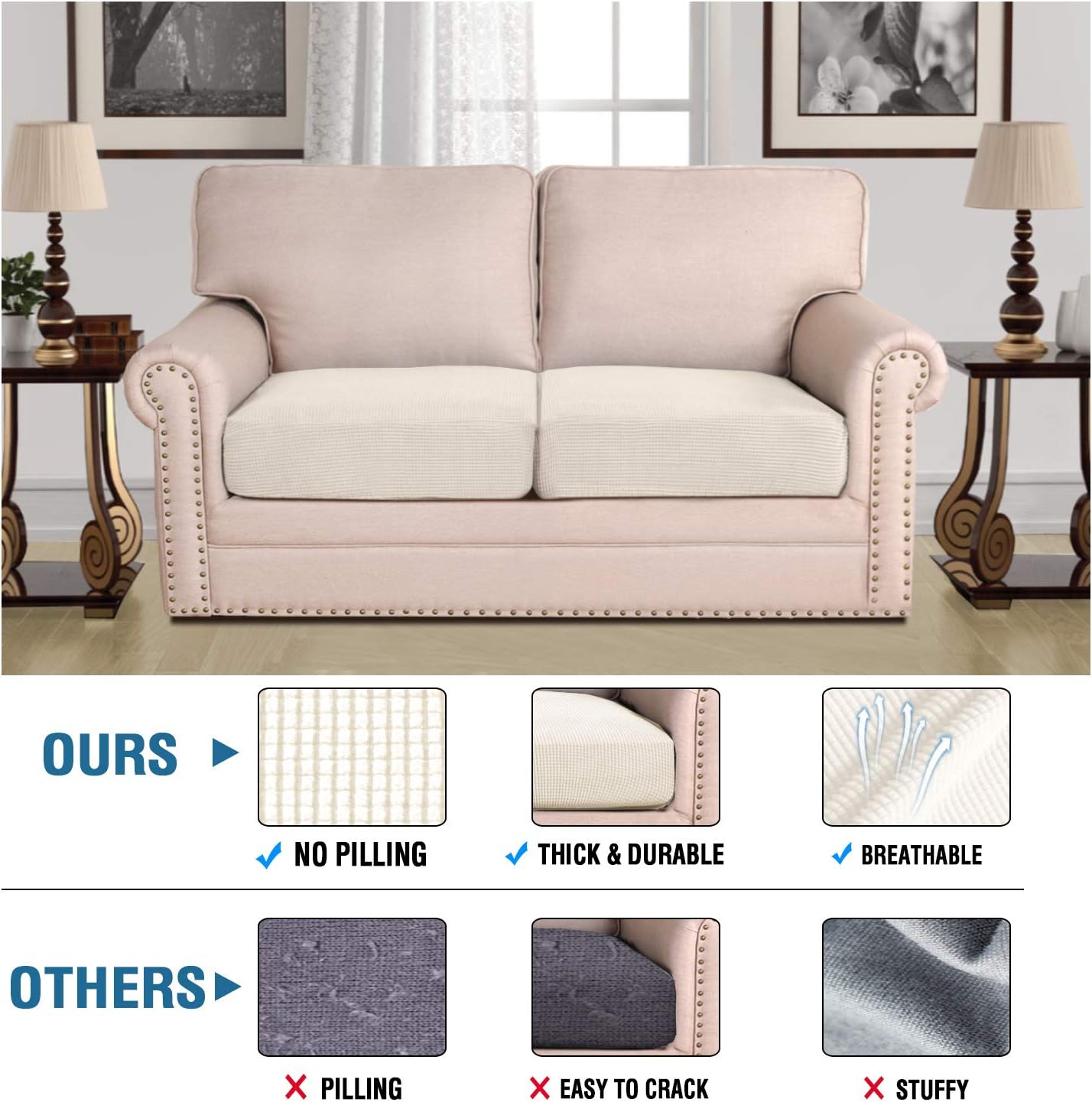 H.VERSAILTEX Super Stretch Individual Seat Sofa Covers Couch Slipcover Sets Thick Jacquard Textured Twill Fabric (2 Piece Medium Sofa Cushion Covers, Natural)