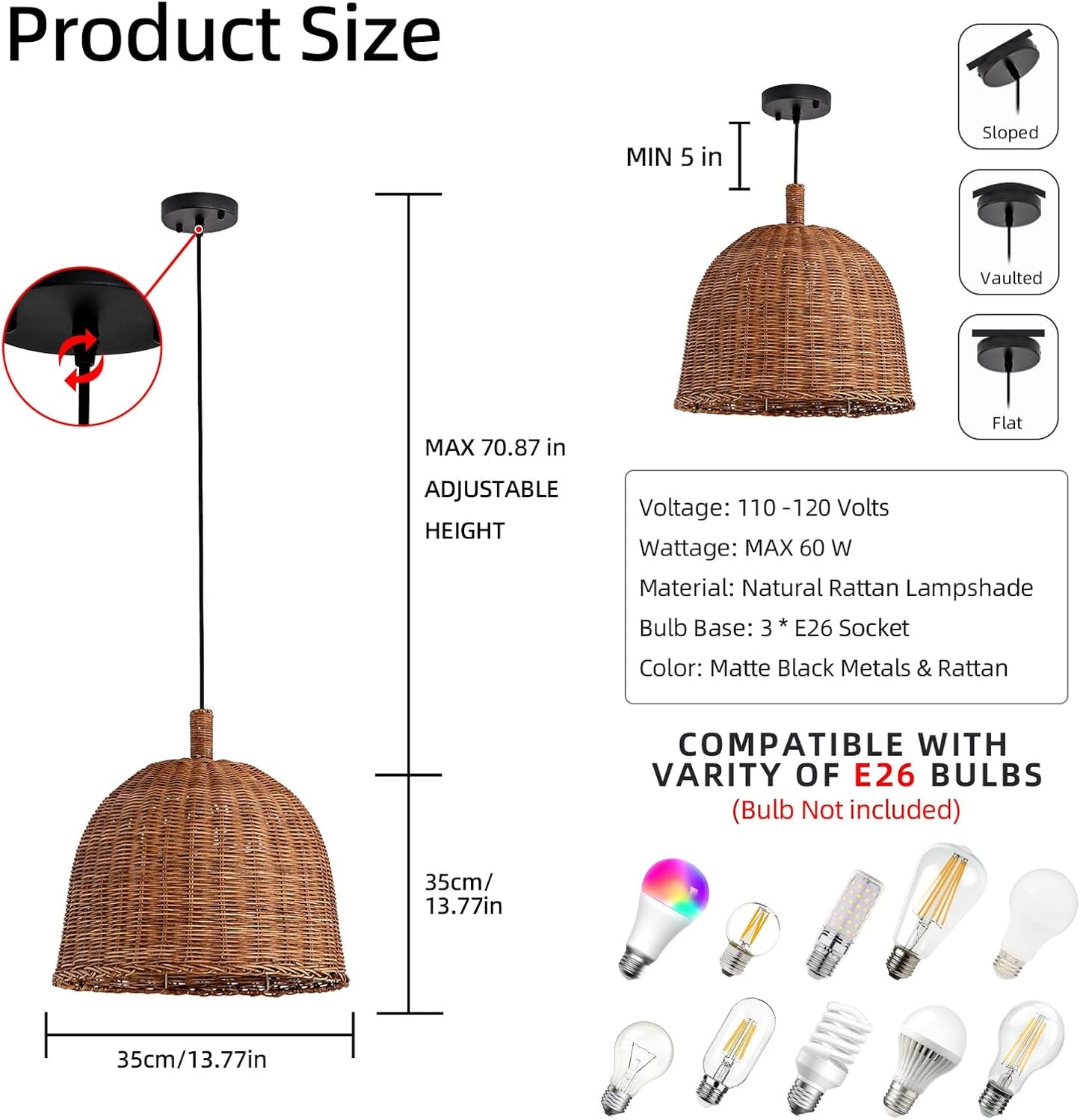 3-Light Dark Curry Rattan Pendant Light,13.77" Rustic Hanging Light,Brown Wicker Pendant Light Hand-Woven Rattan Chandelier for Workplace Dining Living Bedroom Kitchen Farmhouse