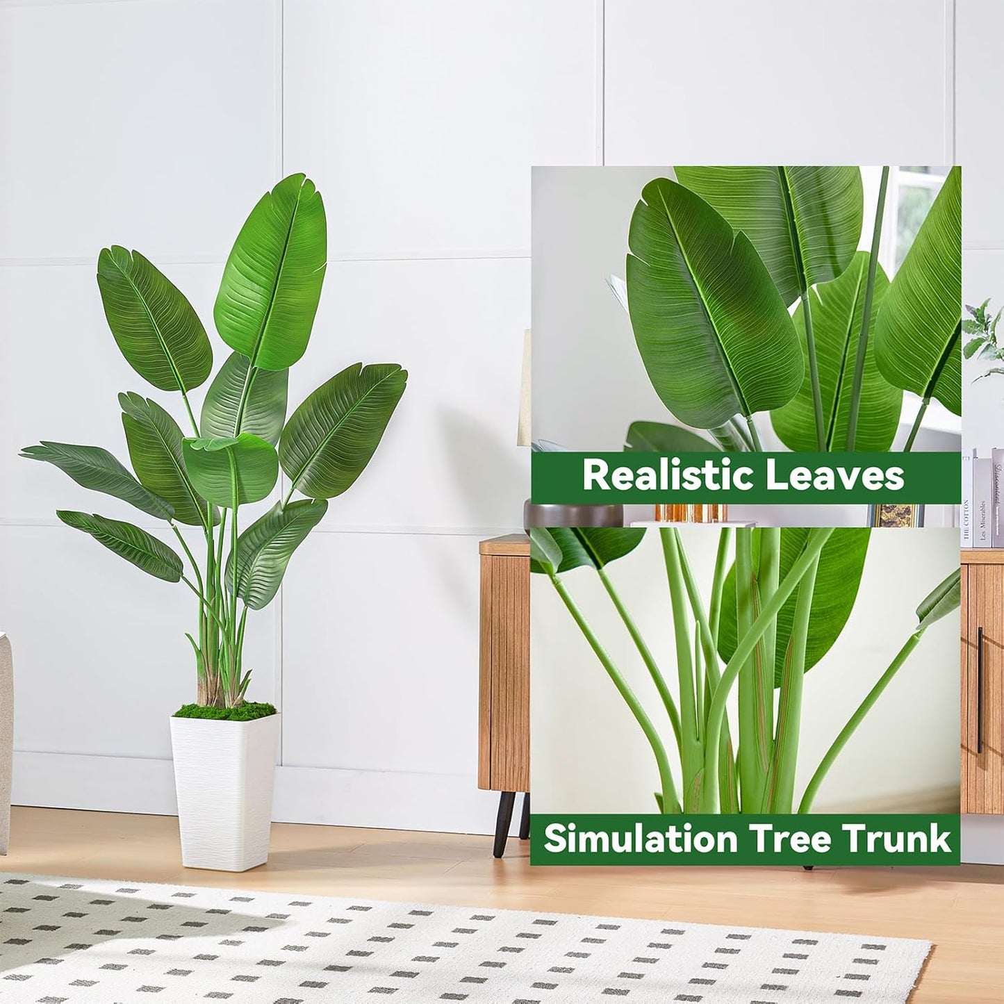 Faux Bird of Paradise Silk Artificial Plant Faux Banana Leaf Tree for Home Decor Indoor Floor Plant with 11 Trunks (1, Black Planter, 6.6 FT)