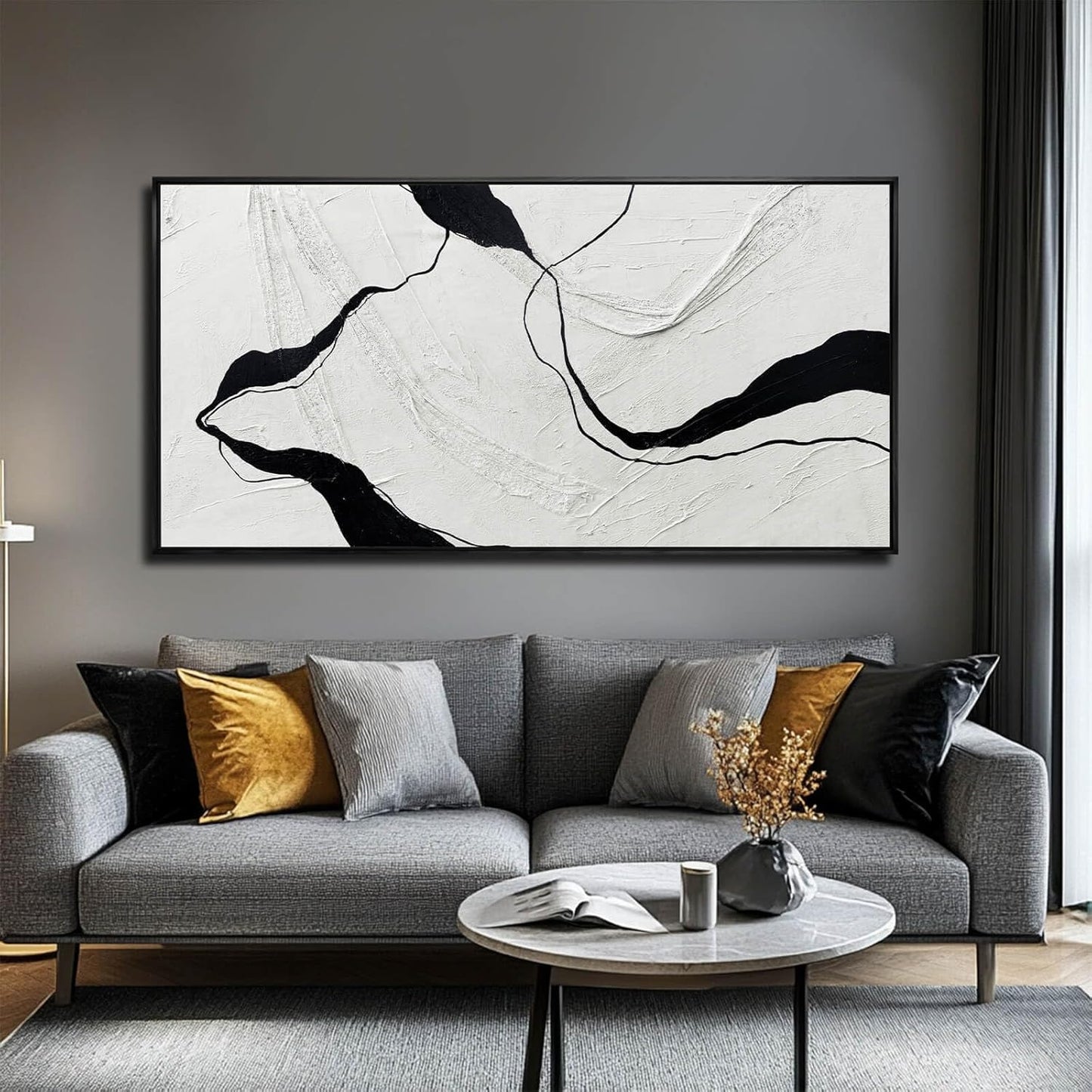 Framed Minimalist Wall Art 24"x48" Black and White Abstract Print Poster Line Canvas Modern Artwork for Living Room Bedroom Office Decor