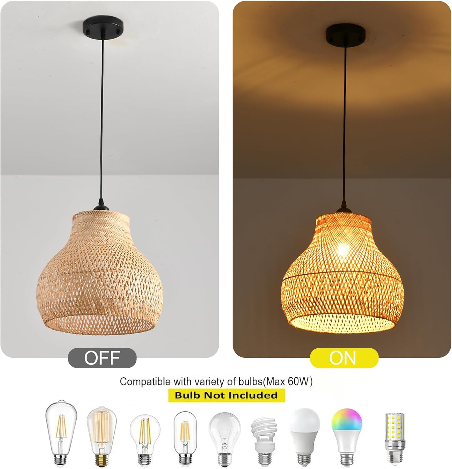 Bamboo Pendant Light 13.39" Hand Woven Rattan Pendant Light,1-Light Bamboo Rattan Ceiling Hanging Light,for Living Room Kitchen Dining Room Farmhouse