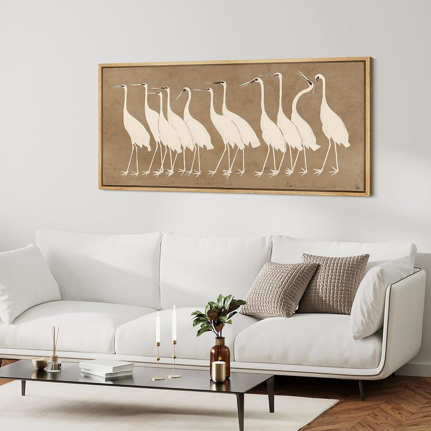MUDECOR Extra Large Framed Canvas Print Wall Art Minimalist White Cranes on Beige Background Antique Retro Fine Art Illustrations Decorative Colorful for Bedroom - 60"x30"
