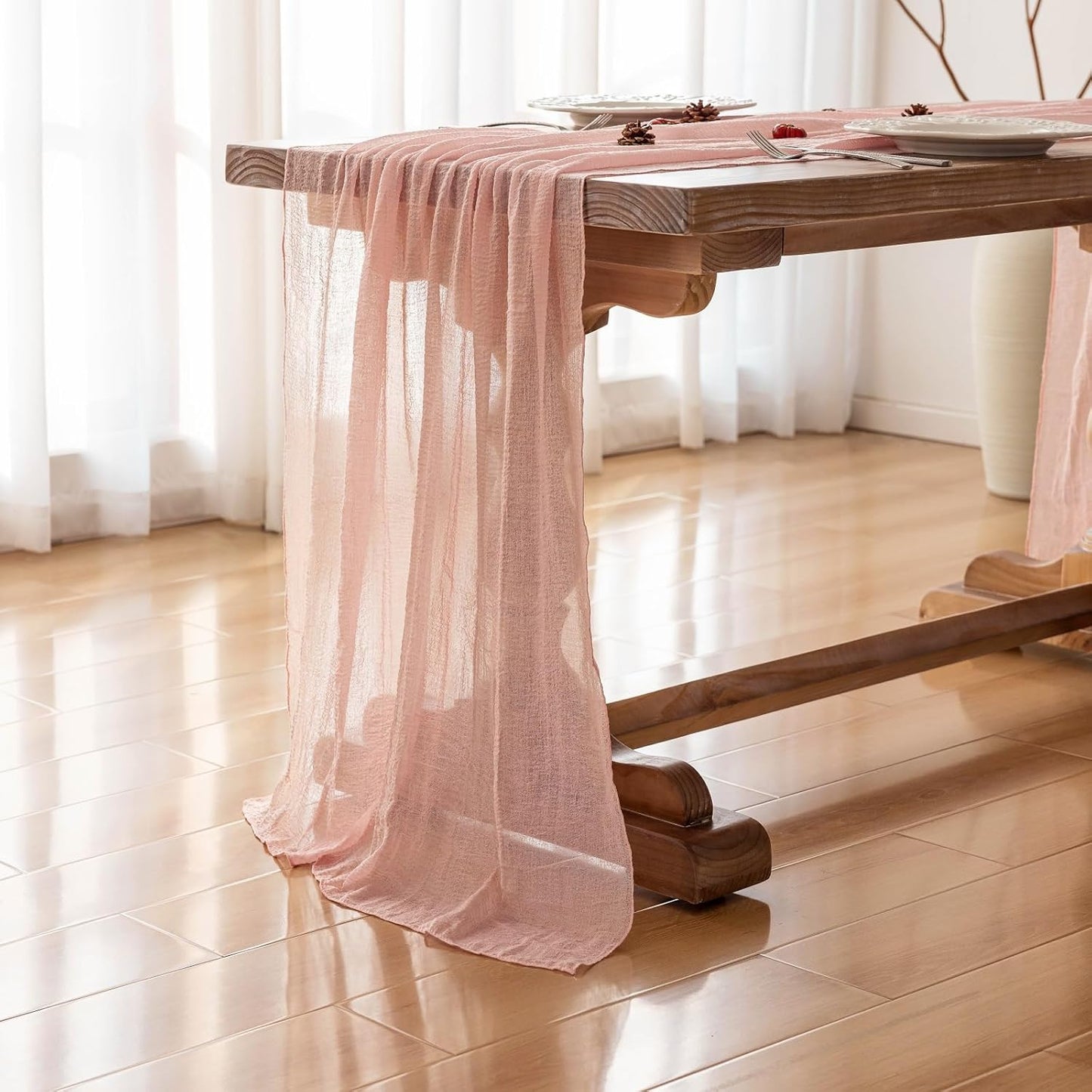 Keketo Pink Table Runner Cheese Cloth Rustic Gauze Cheesecloth Table Runner 120 Inch 10 FT for Wedding Baby Shower Bridal Shower Party Sheer Boho Home Tea Party Decorations