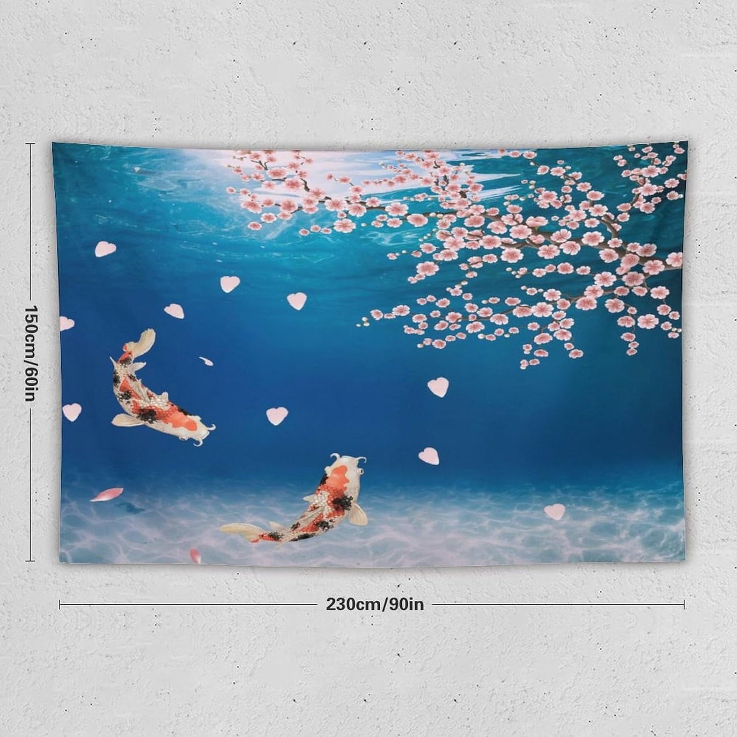 Japanese Koi Fish Tapestry, Cherry Blossoms Asian Oriental Blue Floral Branch Koi Fish Carp Tapestries Wall Hanging for Bedroom Living Room Office Decor 90"x60"
