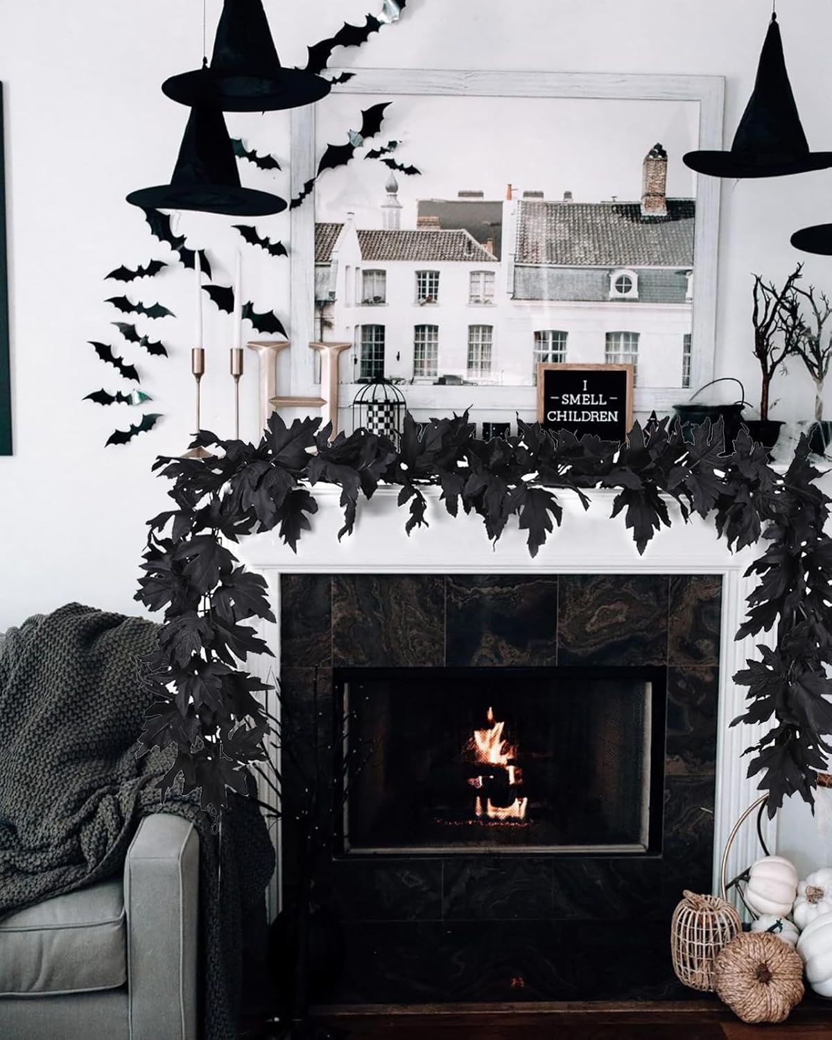 DearHouse 2 Pack Fall Maple Leaf Clearance, 5.9Ft/Piece Halloween Maple Foliage Garland Black Autumn Decor for Home Fireplace Party (Black)