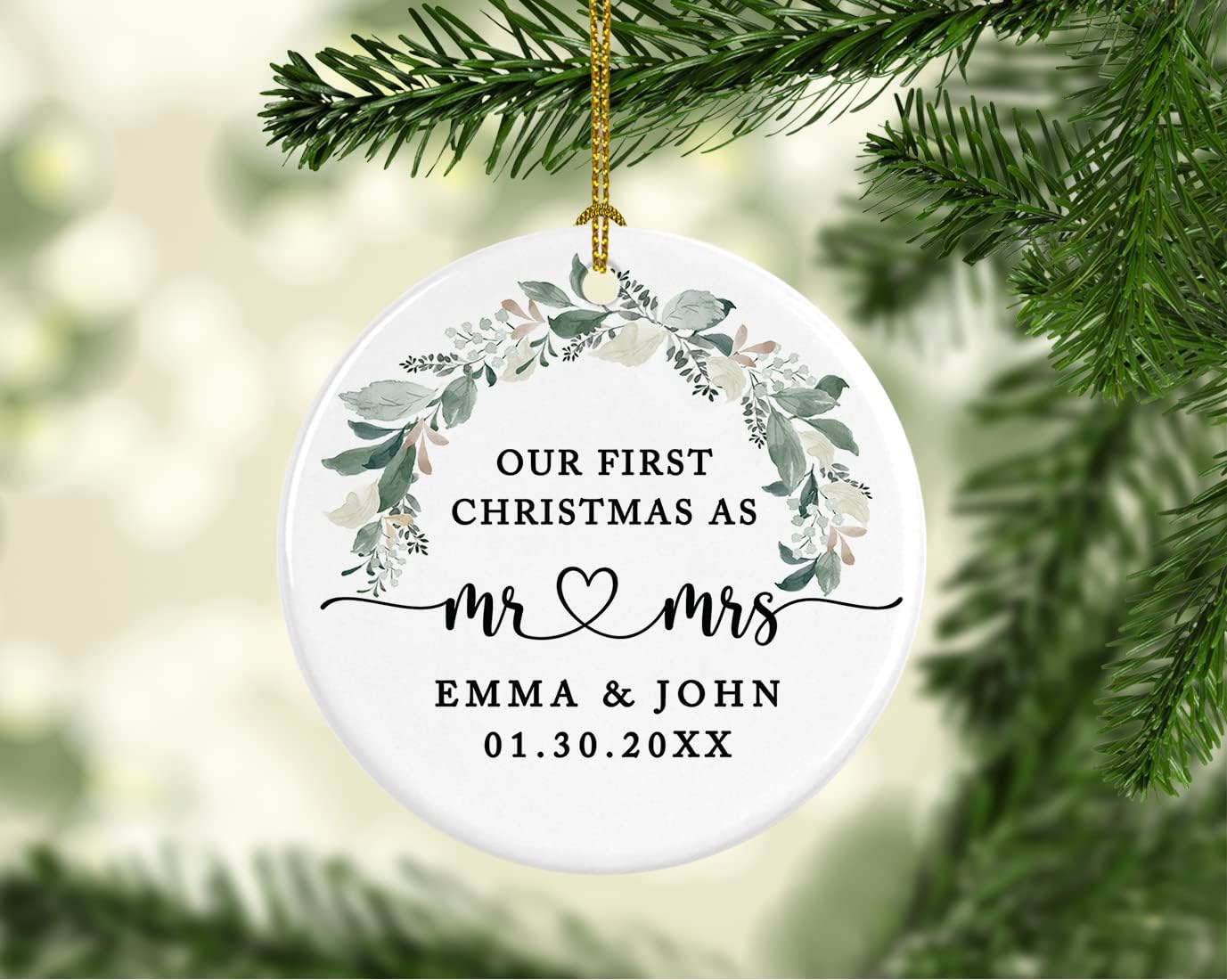 Andaz Press Personalized Our First Christmas As Mr. & Mrs. 2025 Christmas Ornaments Foliage Wreath 2.8" Round Porcelain Ceramic 1st Year Married Custom Ornament Keepsake for Newlyweds 1-Pack