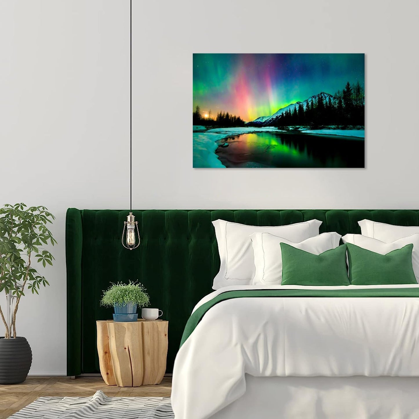 Aurora Borealis Canvas Wall Art Northern Lights Canvas Print Painting for Living Room Snowy-Mountains-Landscape Poster Picture Wooden Framed Prints Ready to Hang (20.00"x30.00")
