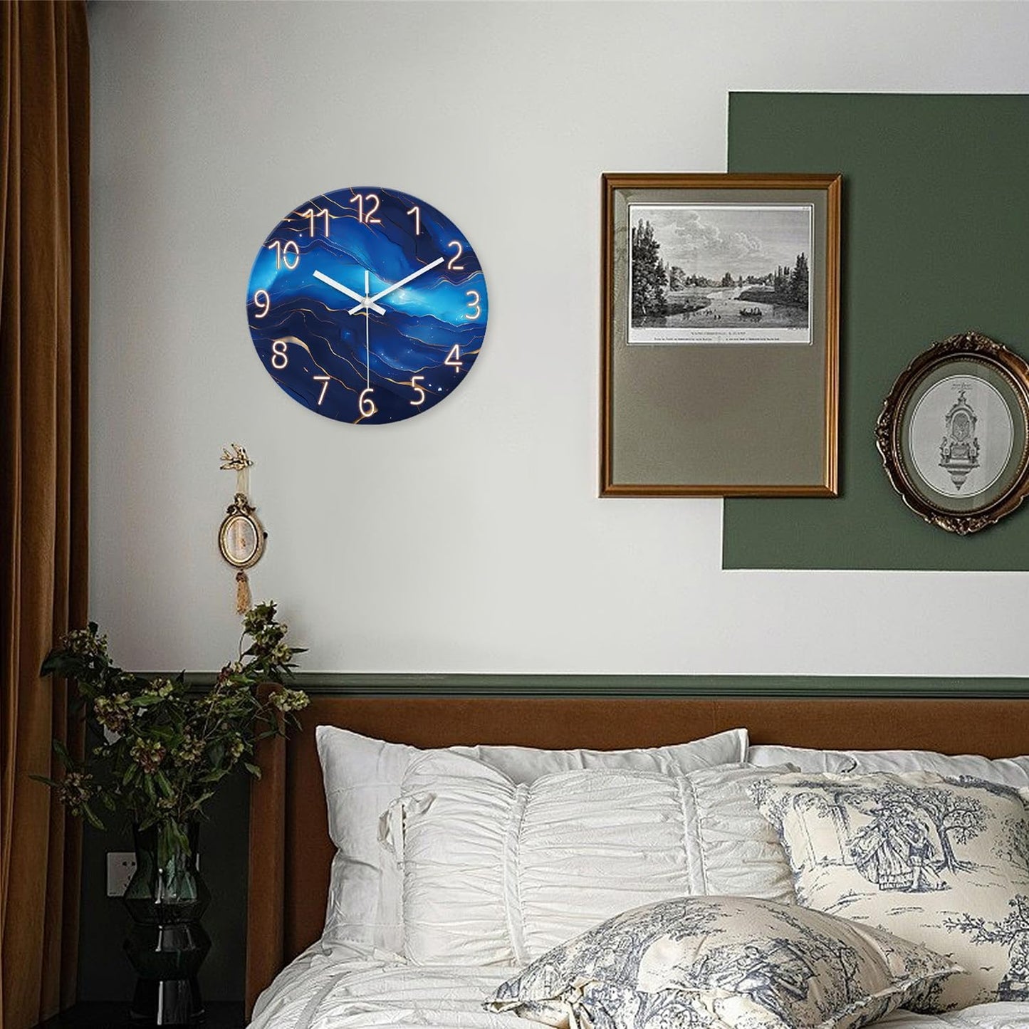 Glass Blue Wall Clocks Battery Operated 16 Inch Marble Pattern Big Clock for Office Abstract Silent Wall Clock Non Ticking