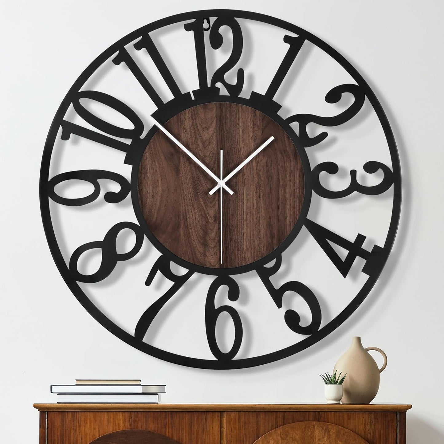 Maxstar Large Round Wall Clock for Living Room Decor Battery Operated Non Ticking Black Metal Wood Clocks for Home Living Room Garden Office Kitchen Decoration -40inch