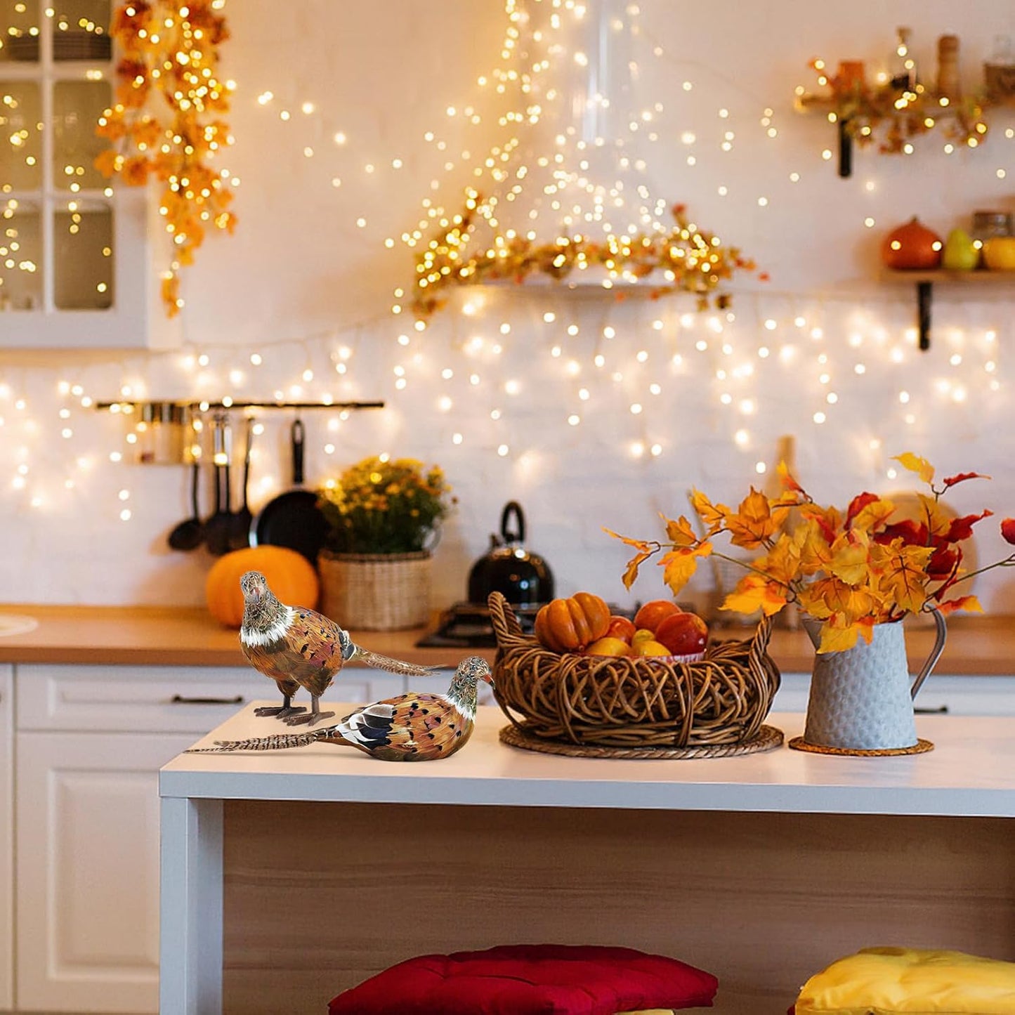 Nature Vibe Feathered Pheasant Decor Set of 2,Simulation Woodland Animals Figurines with Natural Pheasant Feathers as Fall Home Decor or Gifts for Autumn Harvest Festival