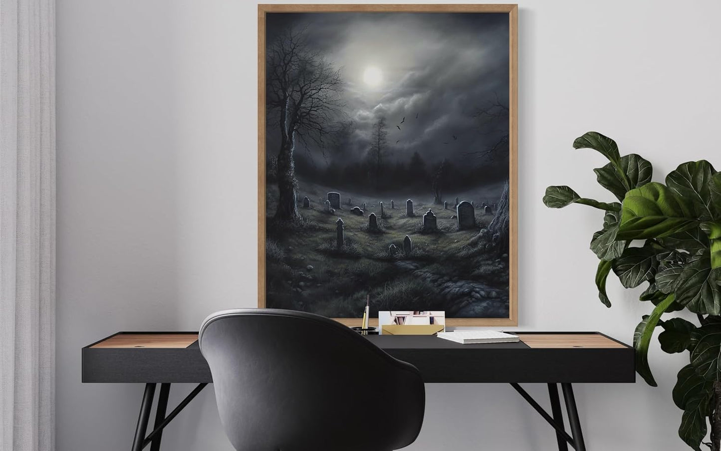 Gothic Graveyard Poster Art Print, Halloween Scary Vintage Wall Art Academia Spooky Painting Decoration for Horror Prints, Posters Bedroom Decor 89 (Gothic Graveyard, 11 x 14 inches, Wood Frame)