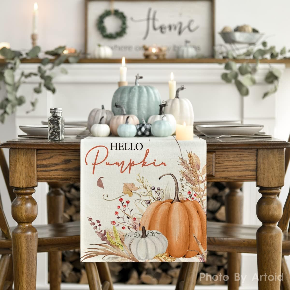 Artoid Mode Hello Pumpkin Leaves Fall Table Runner, Seasonal Autumn Kitchen Dining Table Decoration for Home Party Decor 13x120 Inch