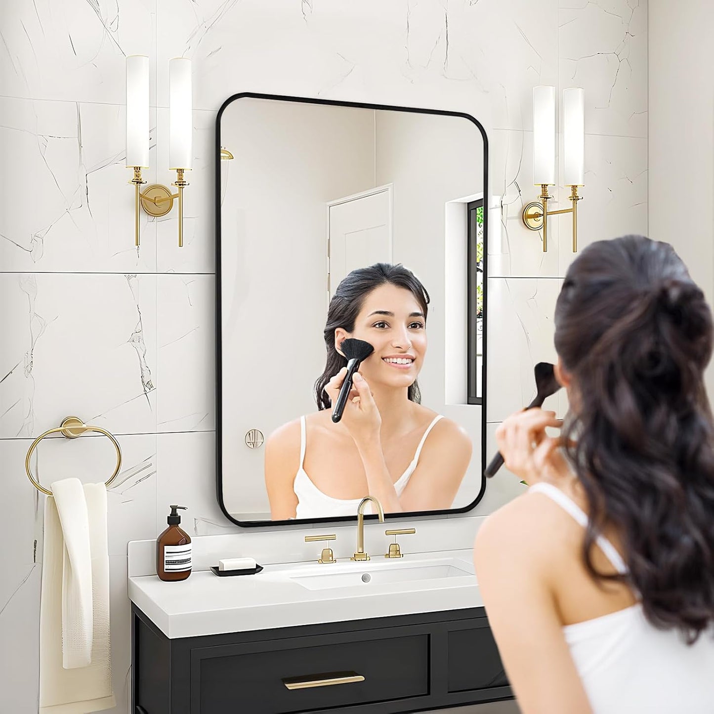 Fabuday Small Black Bathrrom Mirror for Over Sink - 16x24 Framed Rectangle Wall Mirror, Matte Metal Rectangular Vanity Mirrors for Bedroom, Living Room, Entryway, Hallway, Horizontally/Vertically