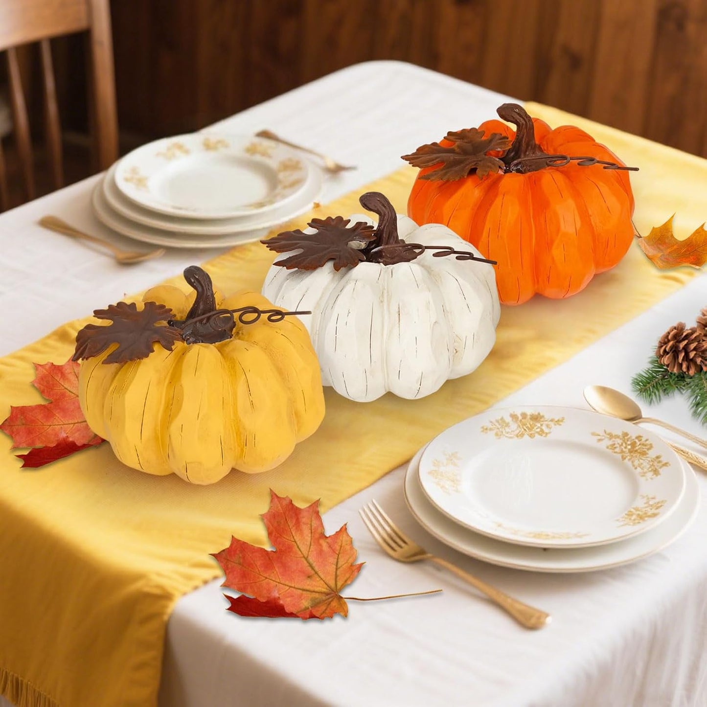 Large Pumpkin Decor Fall Decor, 3PCS Resin Pumpkins Thanksgiving Decorations with Metal Maple Leaf,5.9Inch Artificial Pumpkins for Home, Farmhouse, Mantel, Centerpiece Table Decorations