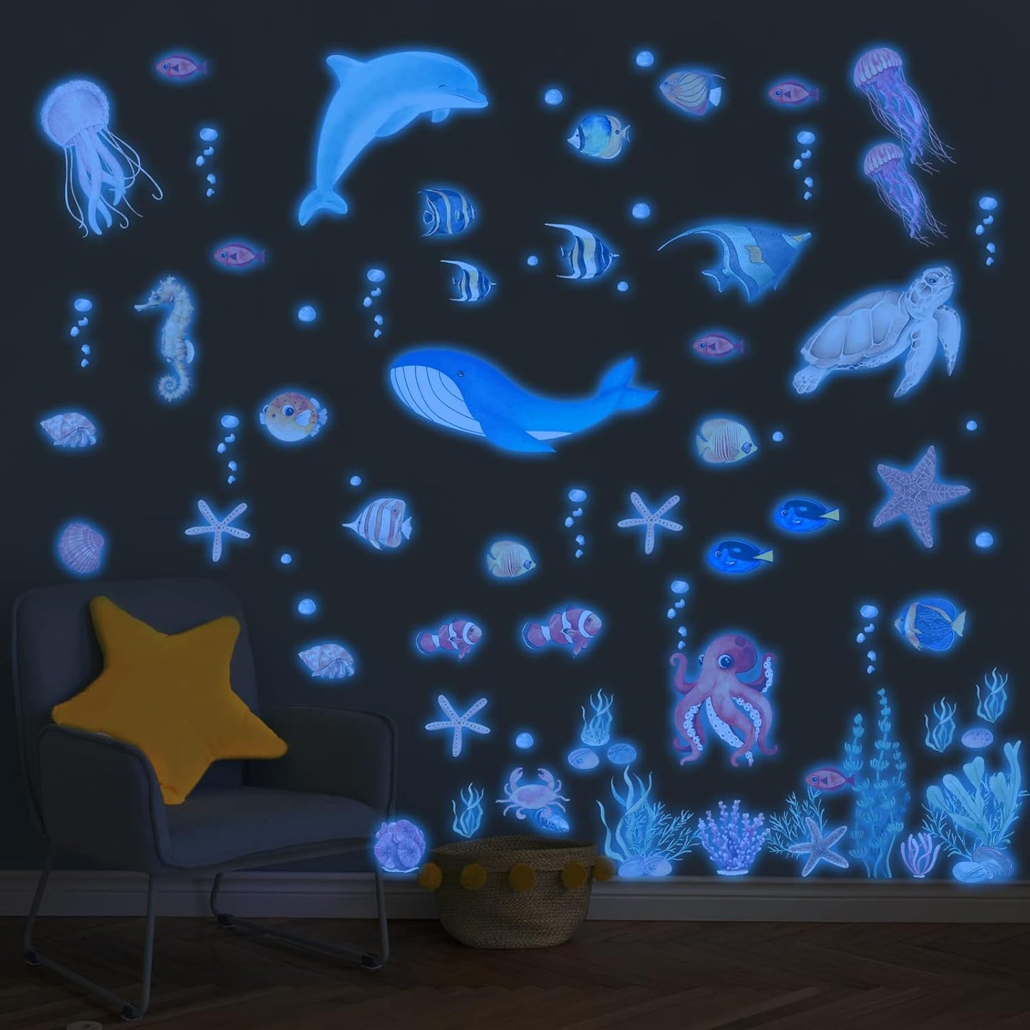 Sea Turtle Ocean Fish Wall Decals Glow in The Dark, Under The Sea Life Animals Stickers for Ceiling, Girls Boys Waterproof Decoration for Living Room Wall Bathroom Toilet