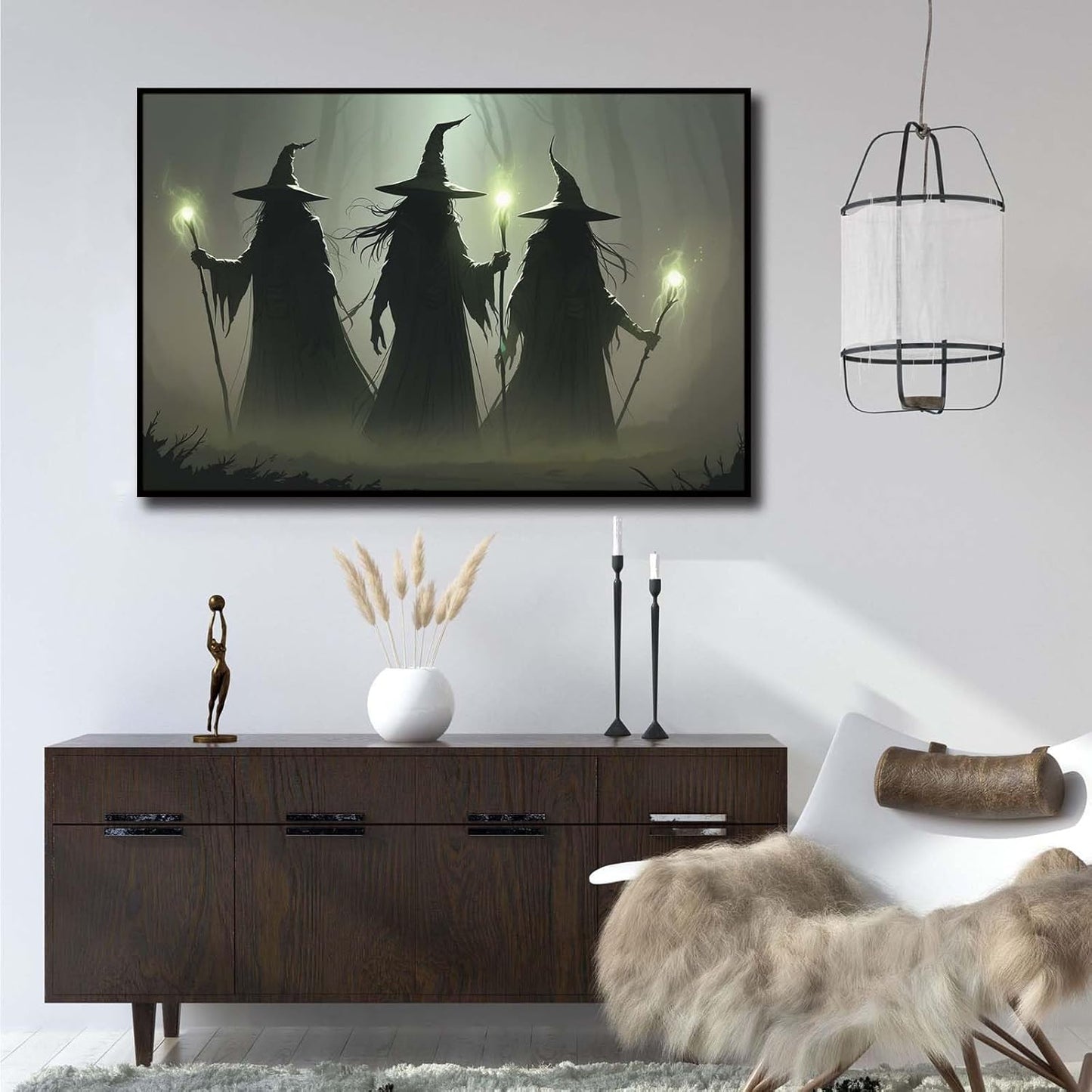 JFHCQJPK Vintage 3 witches canvas wall decor melancholy dark Halloween poster wall decor holding a staff print Gothic horror Halloween painting print for living room bedroom20x30in Metal blackFramed