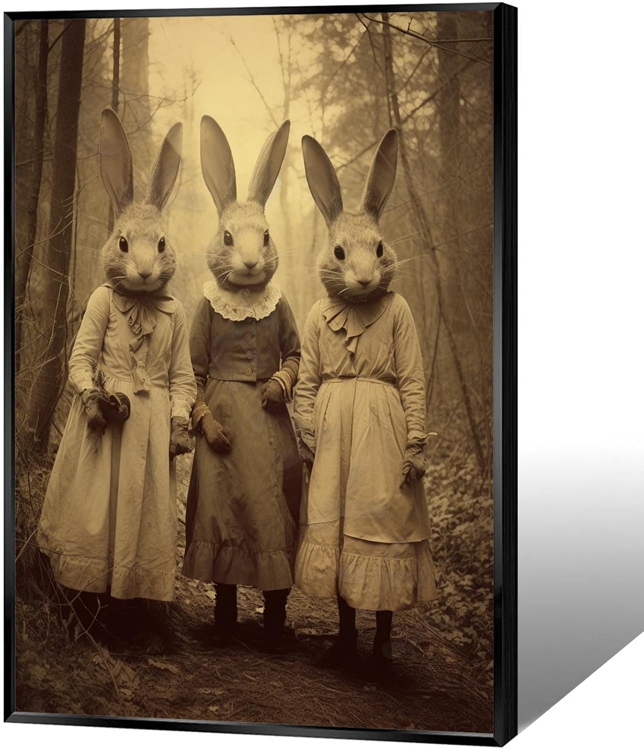 Vintage Horror Spooky Three Rabbits In Occult Forest Spooky Canvas Wall Art Poster Gothic Dark Academia Decorations Room Creepy Print Retro Halloween Wall Decor 12X16inch Aluminum Framed