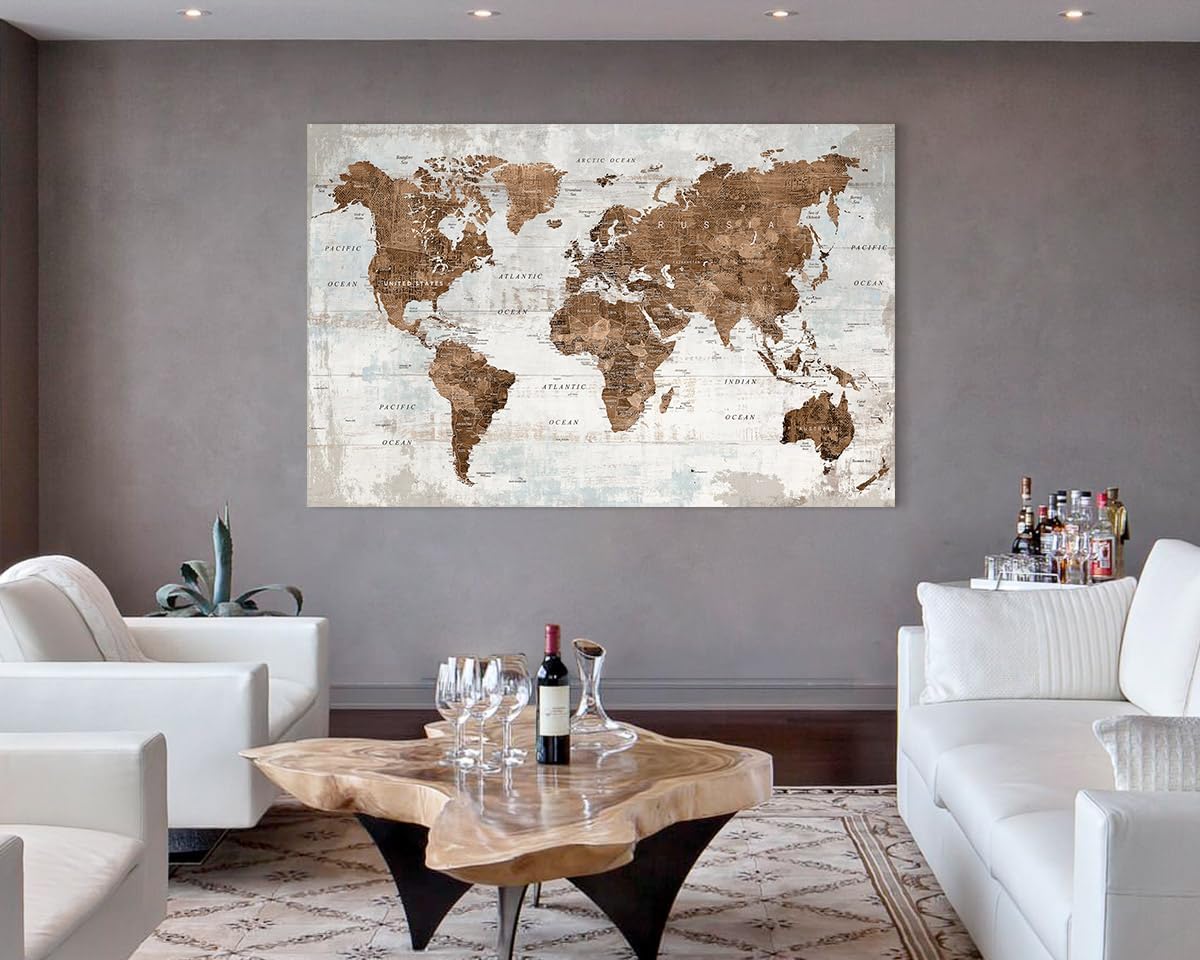 Large Wall Art Vintage Brown World Map Canvas Pictures for Men Home Office Bedroom Wall Decor for Living Room Oversize Artwork