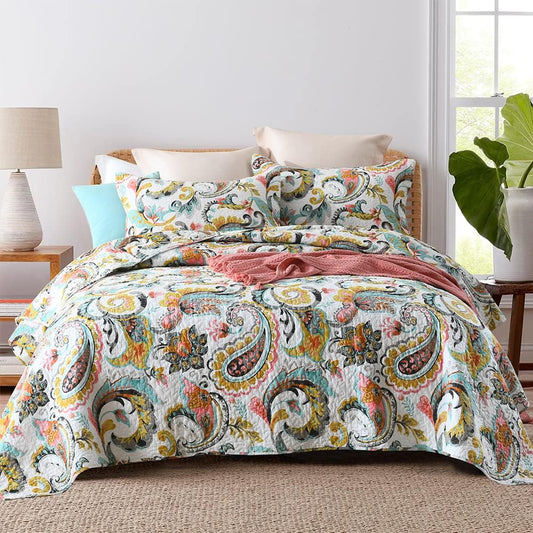Autumn Dream Cotton Bedspread Quilt Sets, 3 Pieces Reversible Comforter Coverlet Sets,White Floral Paisley,Queen Size