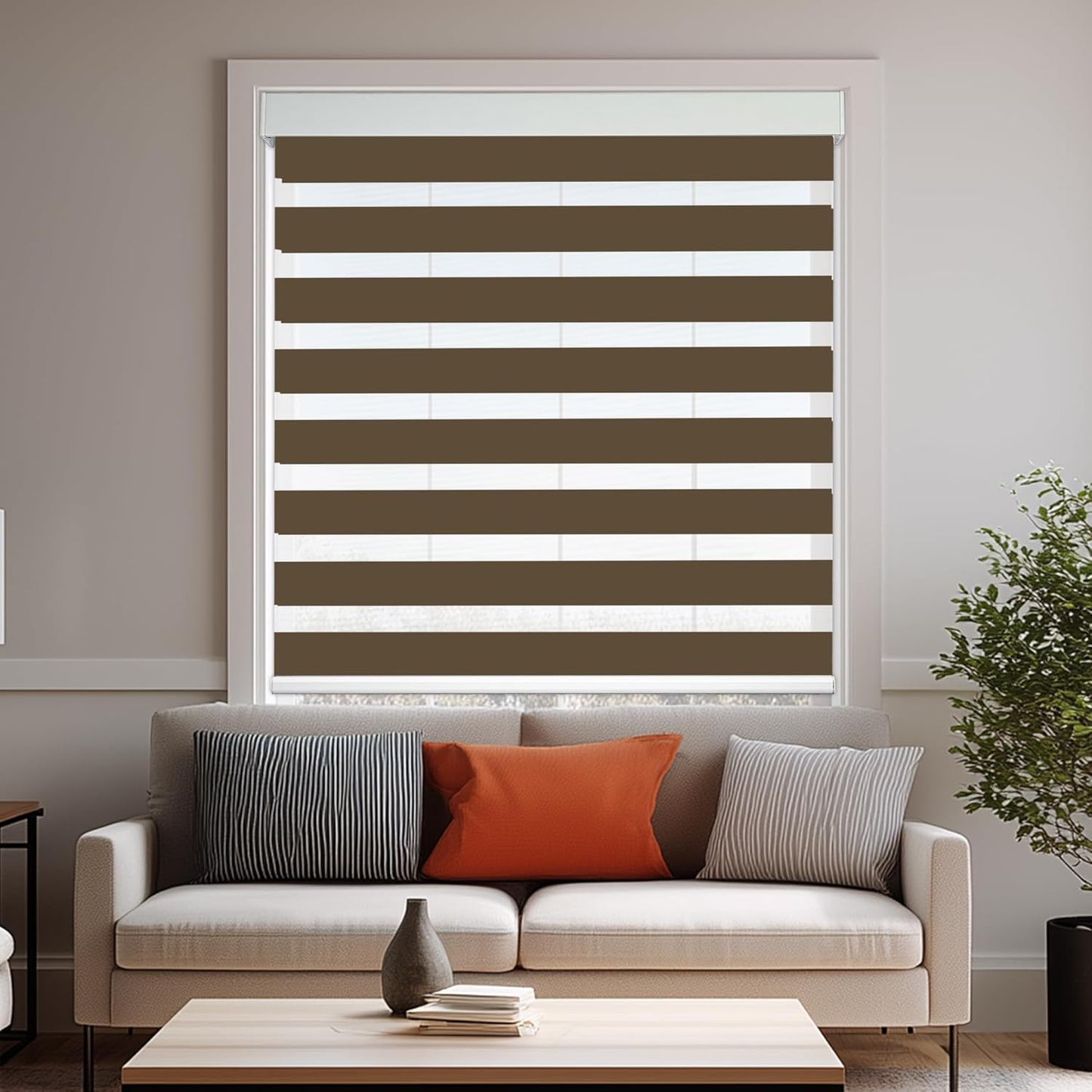 HESTIA Cordless Zebra Blinds Light Filtering Roller Shades UV Blocking Blackout Privacy Indoor Window Shades for Home Office Day and Night, Brown,27" W x 48" H