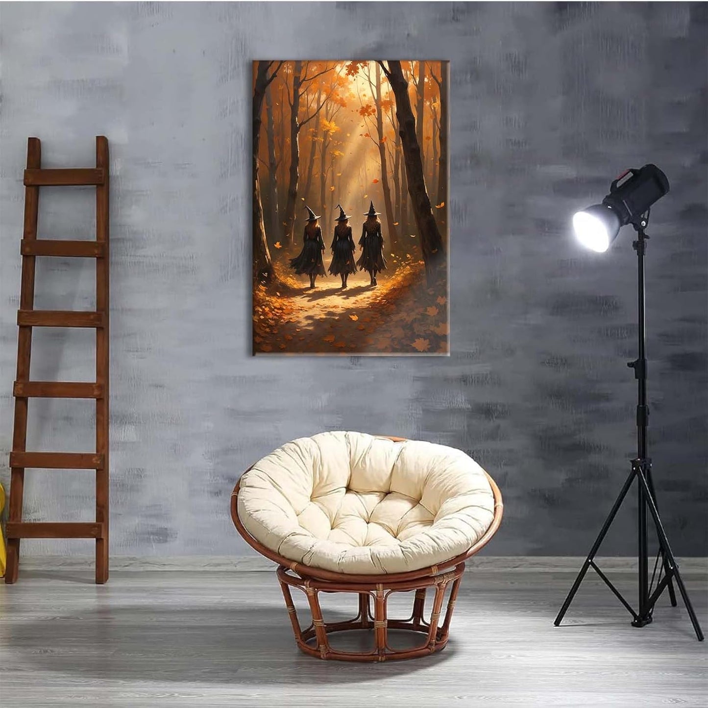 JFHCQJPK Three witches walking in the forest in autumn canvas painting gothic poster halloween print country witch wall art for home decoration28x40in Frameless