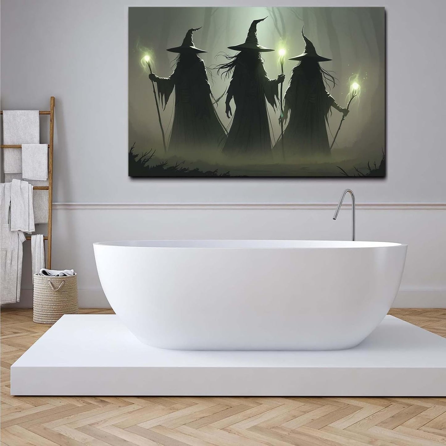 JFHCQJPK Vintage 3 witches canvas wall decor melancholy dark Halloween poster wall decor holding a staff print Gothic horror Halloween painting print for living room bedroom8x12in Frameless
