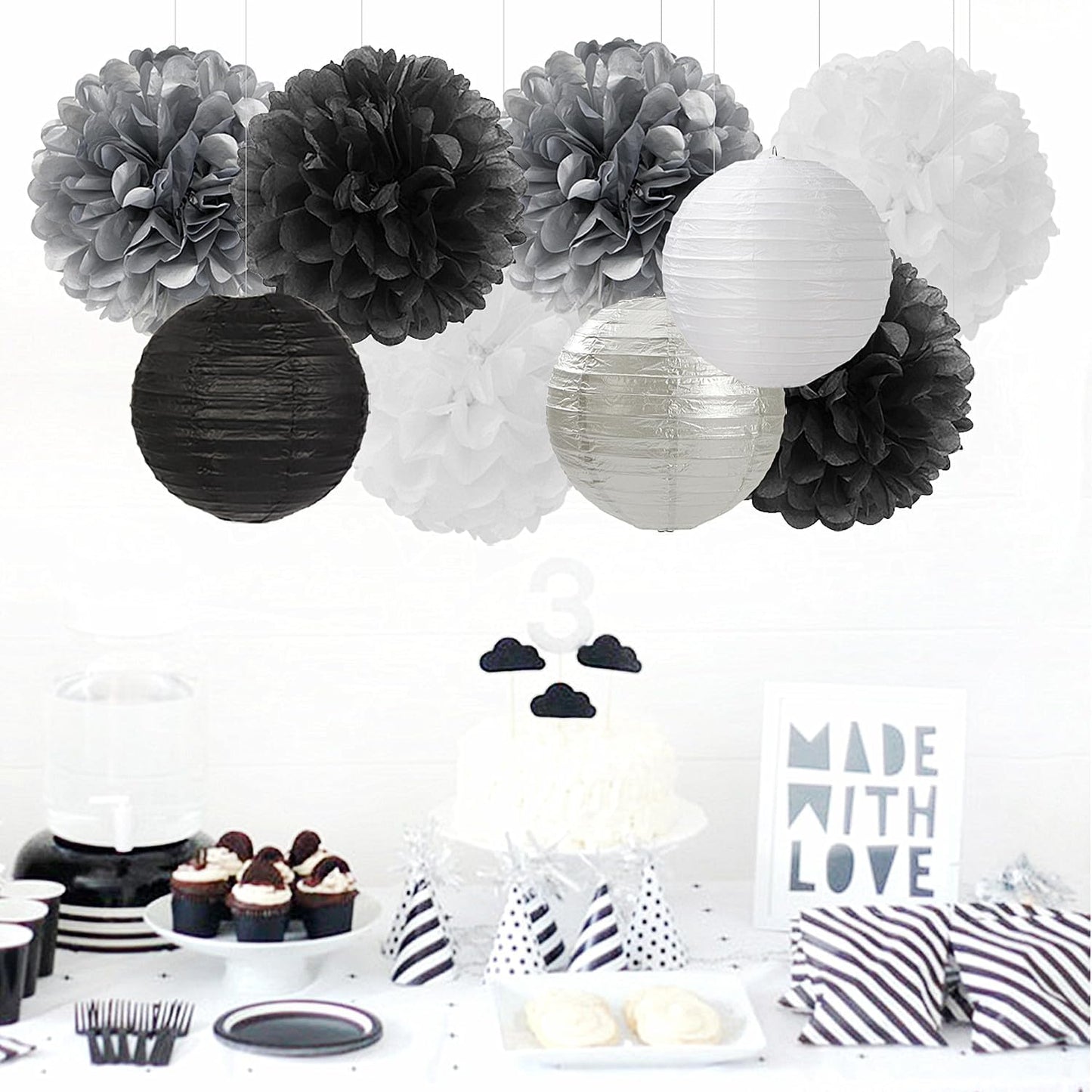Black White Silver Party-Decorations Paper Flowers Lanterns - 15PCS Birthday Halloween Wedding Tissue Pom Poms Streamers, Halloween Prom Baby Shower Bachelorette Hanging Supplies Decor Hugfond