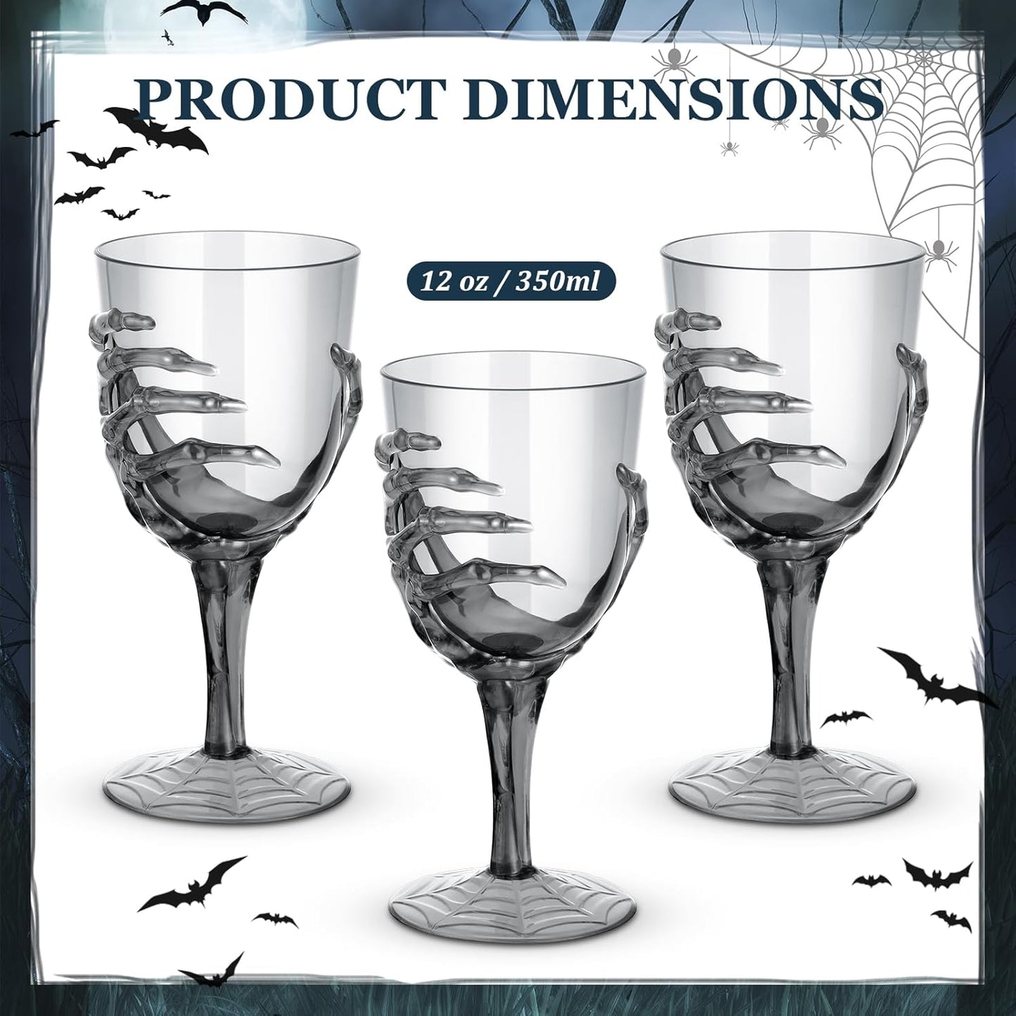 Dandat 12 Pcs Halloween Skeleton Hand Goblets 12oz Clear Plastic Halloween Cups Skull Wine Glass Set for Creepy Spooky Party Decorations (Black)