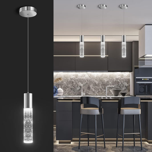 OKELI Pendant Lights Kitchen Island 1 Pack, 6000K Modern LED Bubble Crysta Pendant Light, Chrome Mini Single Island Lights Hanging Lighting for Dining Room, 6W, ETL