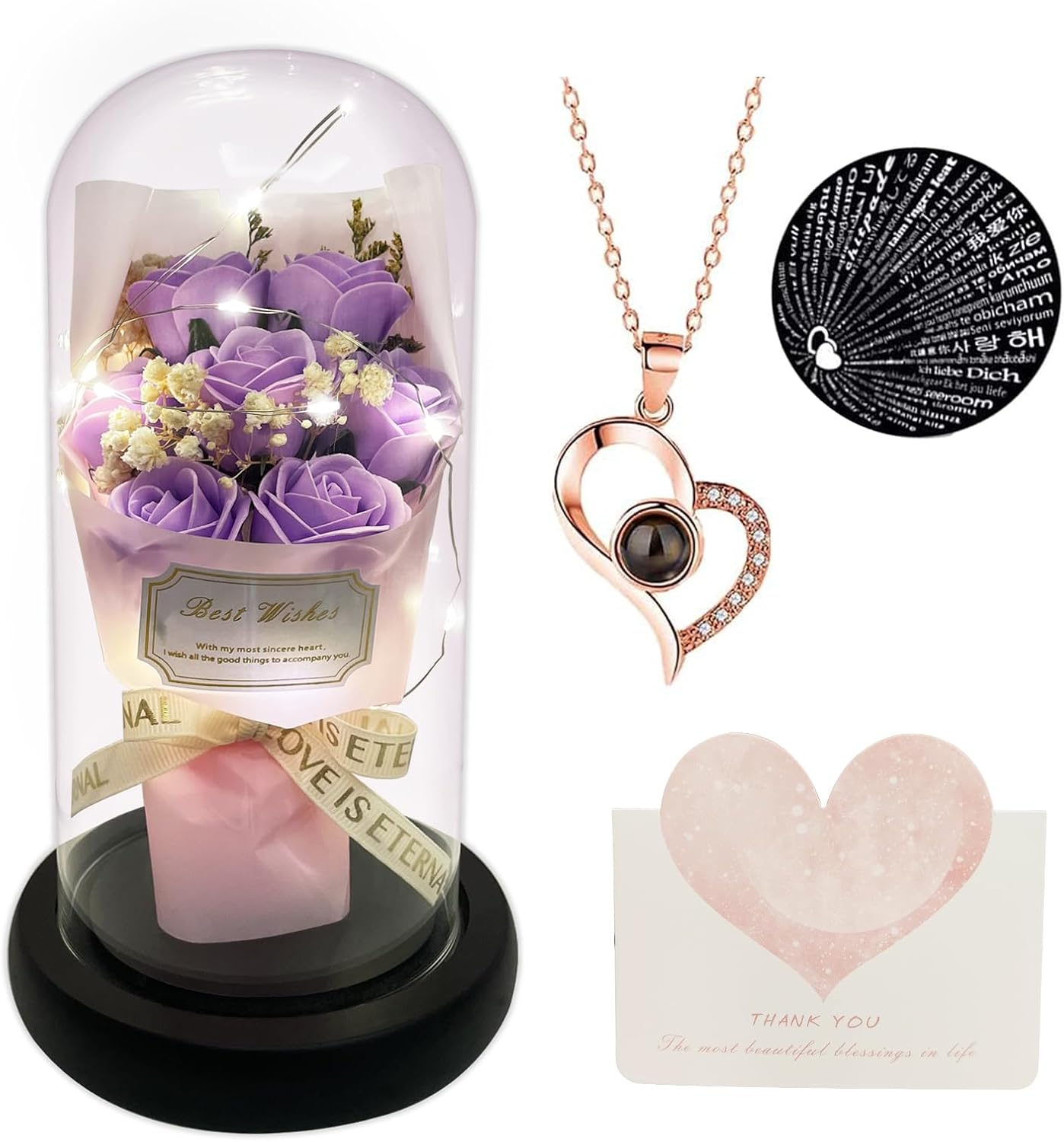 Gift for Her Forever Flower Bouquet for Delivery Prime Preserved Purple Roses Glass Dome LED Light 100 Languages I LOVE YOU Necklace Mothers Day Birthday Romantic Valentines Gift for Wife Women Mom