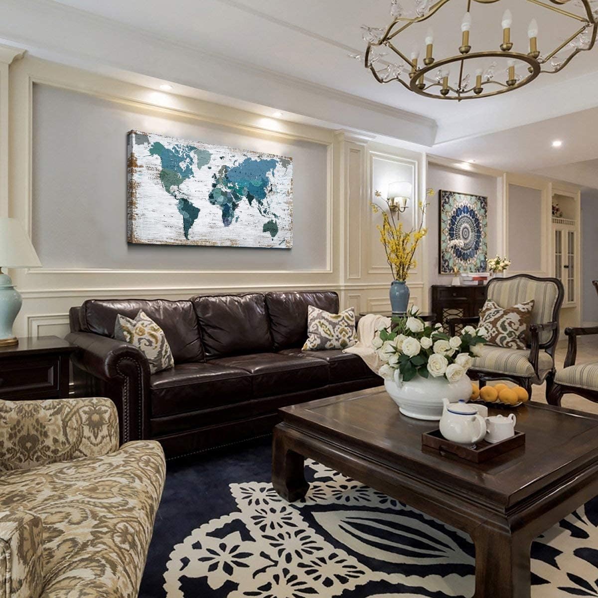 Teal Decor World Map Canvas Wall Art Pictures for Living Room Wall Decoration Blue Wall Decor Office World Map Wall Art Picture Framed Artwork for Home Bedroom Decoration 29"x58"