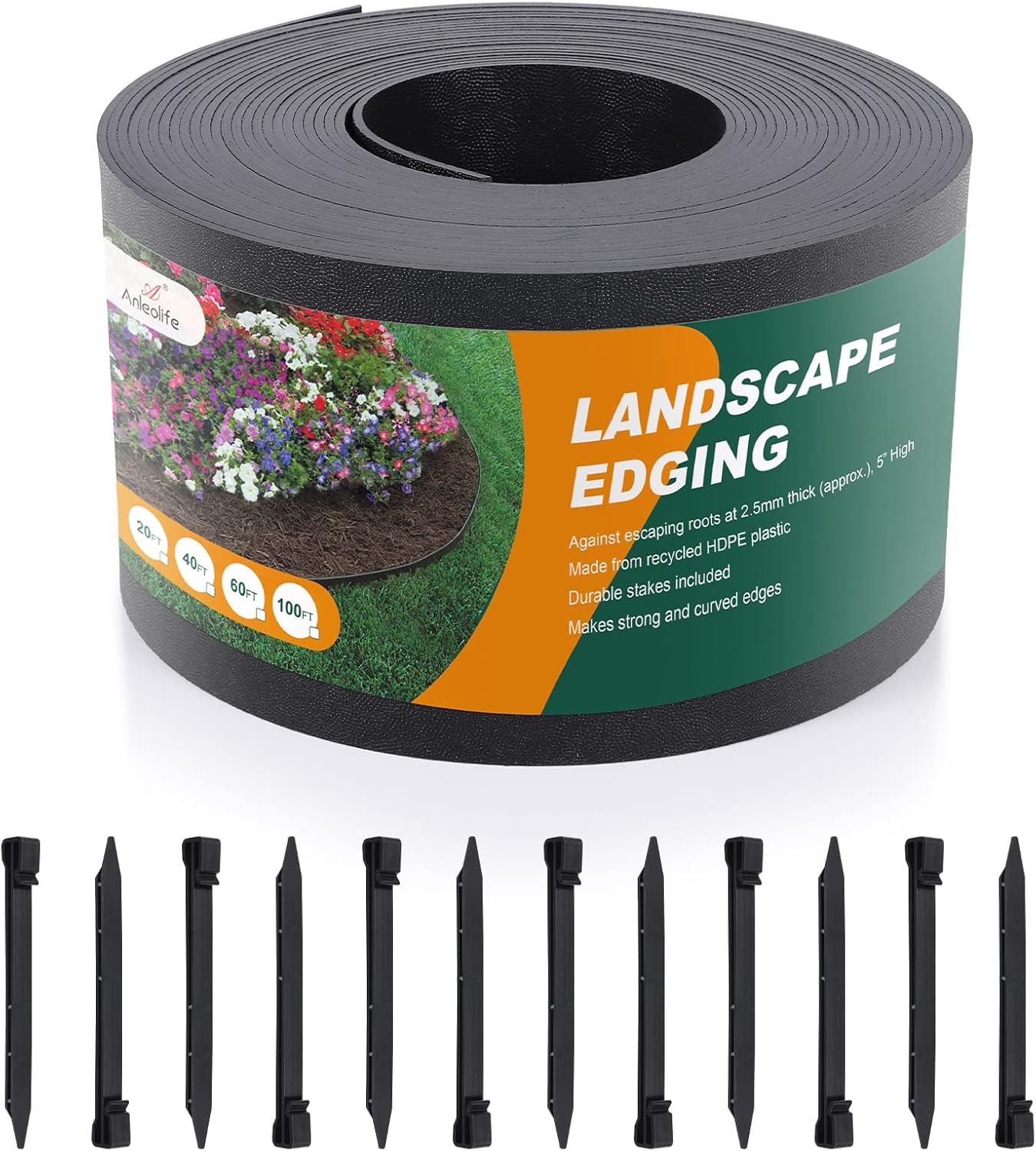 Black Plastic Garden Landscape Edging, 5” Tall Border Coil, Flexible and Strengthened with Anti-UV Treatment (40ft with 12pcs Stakes)