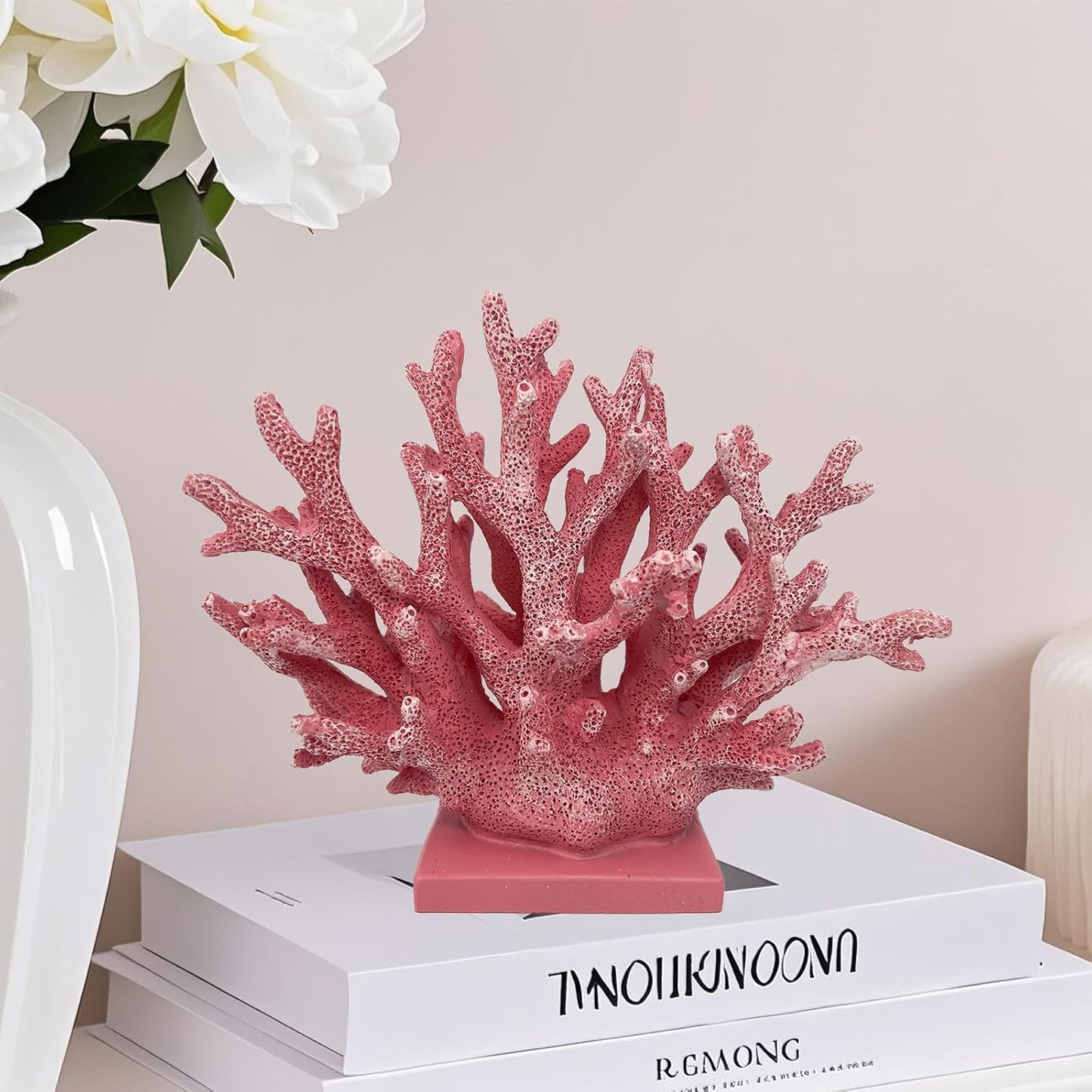 5.8" H Pink Coral Decor - Resin Coral Statue, Nautical Decor for Home, Bedroom, Bathroom, Living Room, Ocean Themed Cabinet Shelf Tabletop Decoration