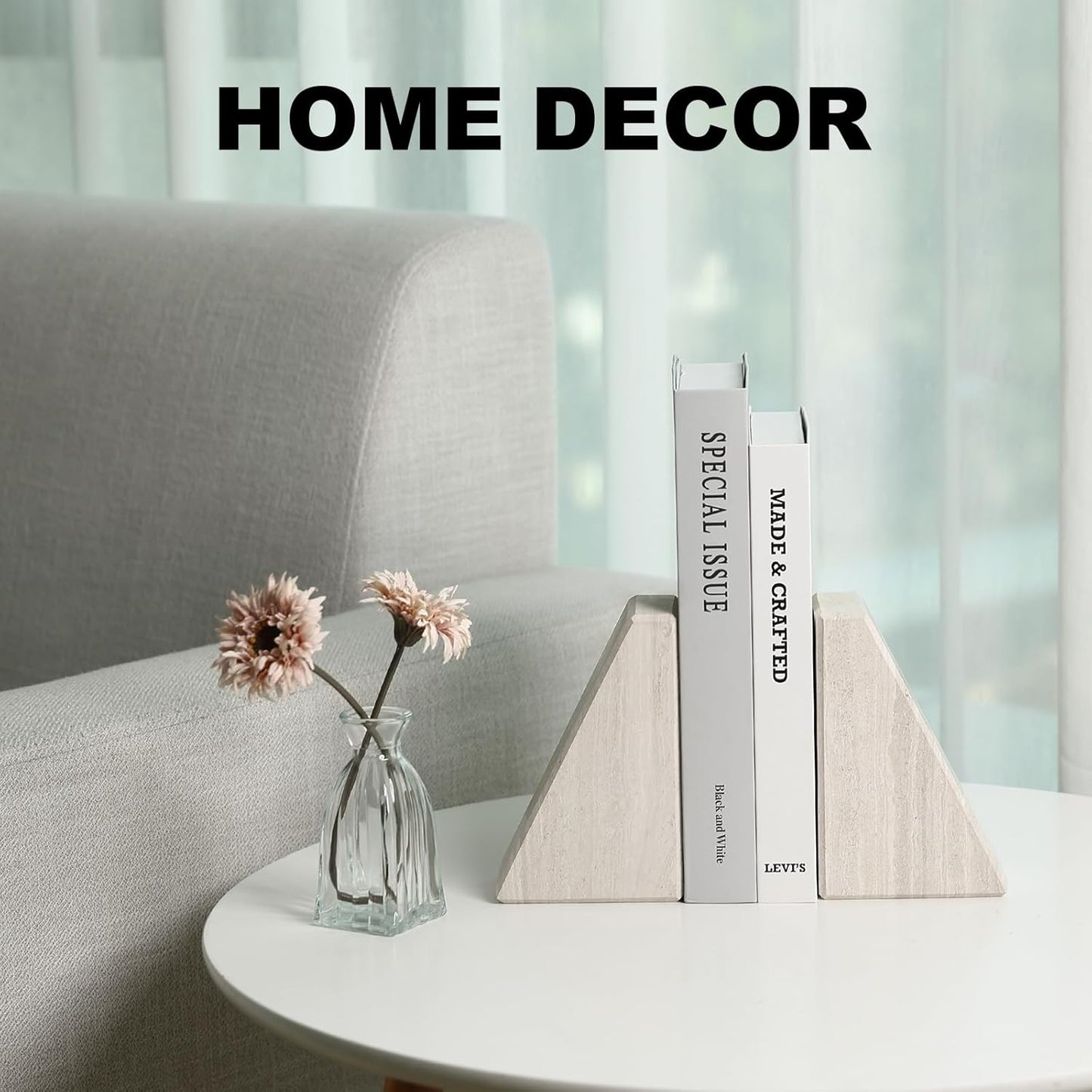 Marble Book Ends for Heavy Books, Decorative Bookends for Shelves, Durable and Heavy-Duty Bookends for Hardback Book & CDS, Off-White Unique Books Stopper & Holder, Set of 2