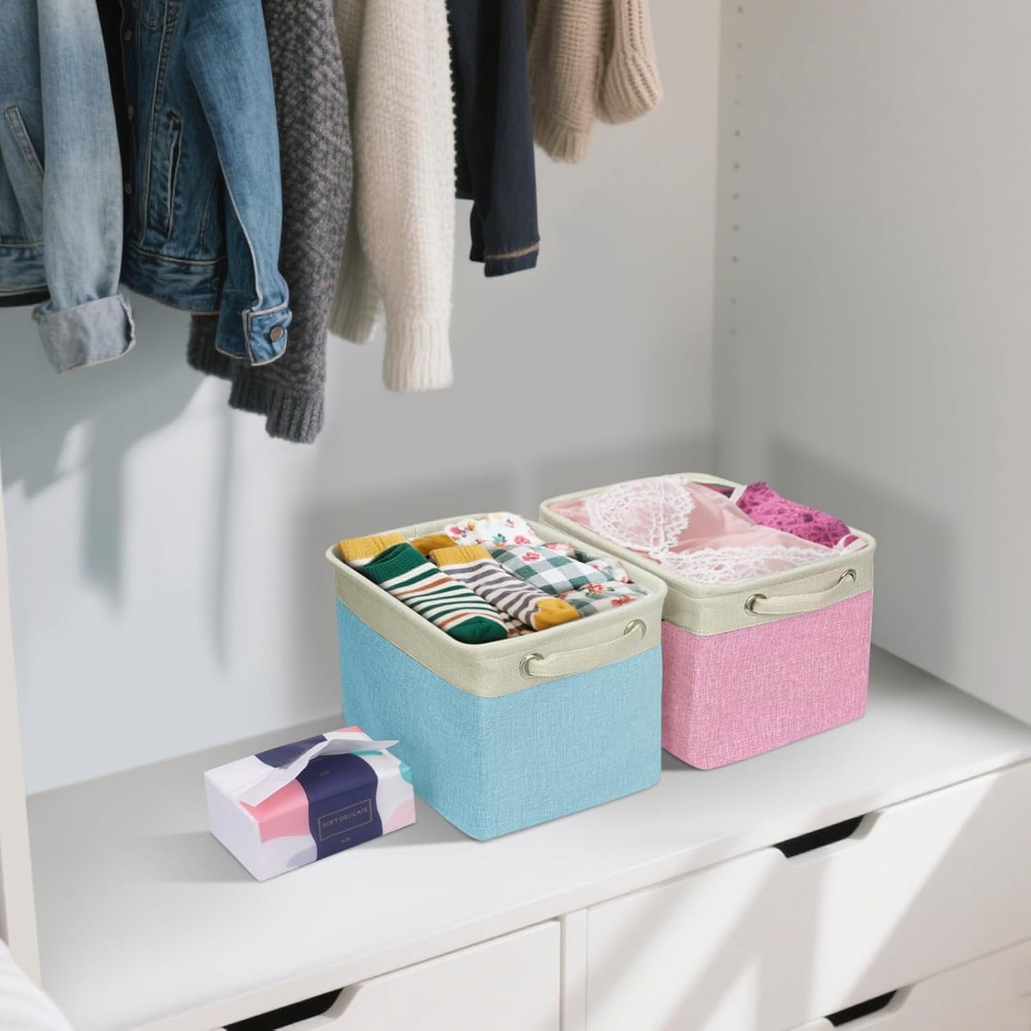 BALEINE 4 Pack Fabric Storage Bins for Shelves, Linen Storage Baskets for Organizing, Decorative Closet Bins for Clothes, Home (Black, 12"x8"x8")