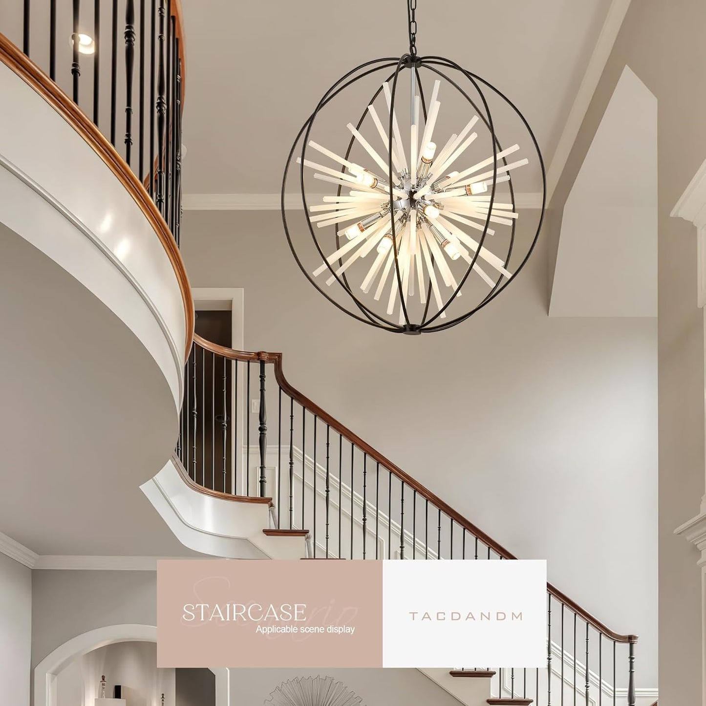 31.5" Black Chrome 16-Light Globe Sputnik Chandelier Modern Adjustable Hanging Ceiling Glass Tube Pendant Light Fixture for Entryway Foyer Stairway Dining Living Room Hallway