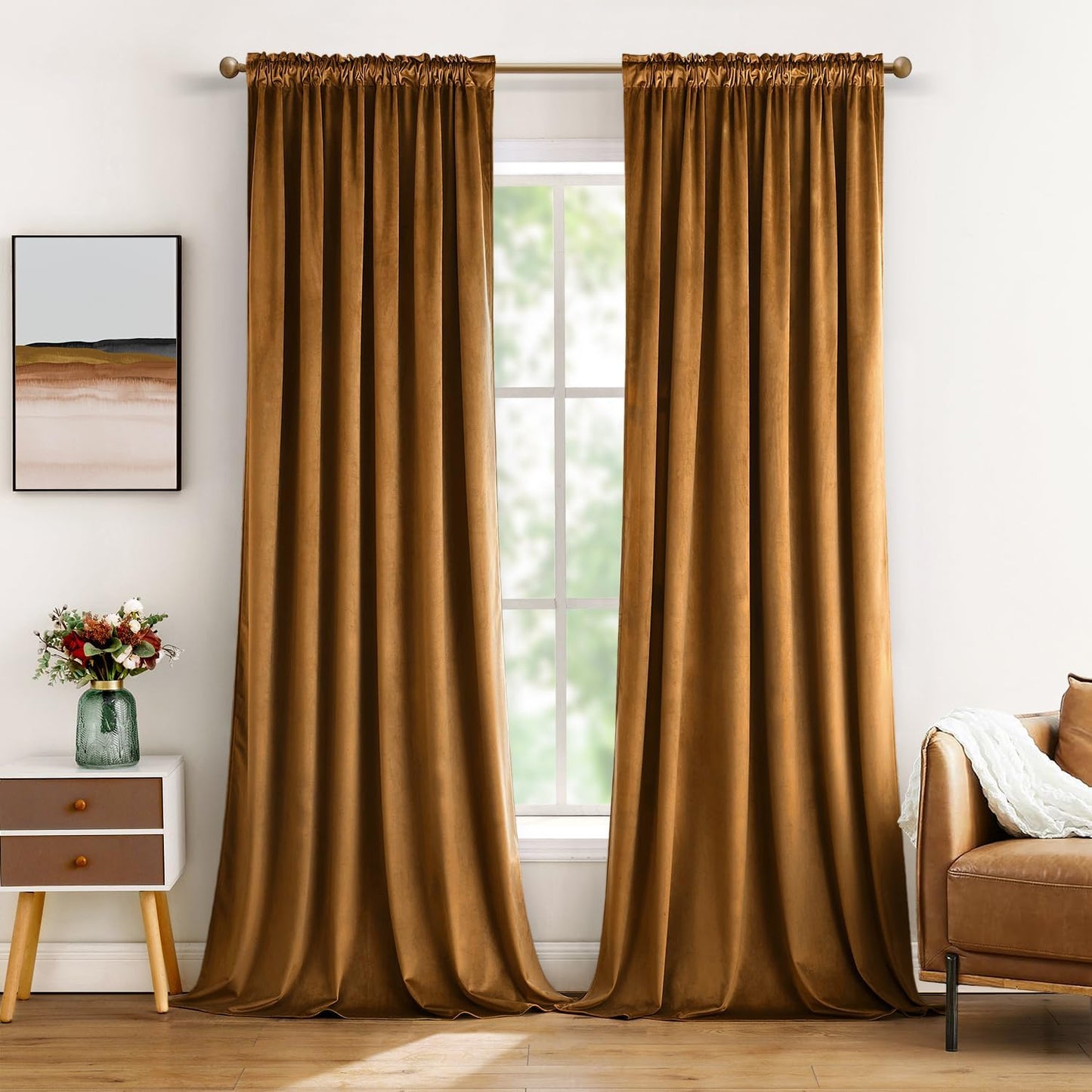 MIULEE Golden Brown Velvet Curtains Thermal Insulated Blackout Curtain Drapes for Bedroom Living Room Darkening 84 Inches Long Curtains Panels Rod Pocket Set of 2