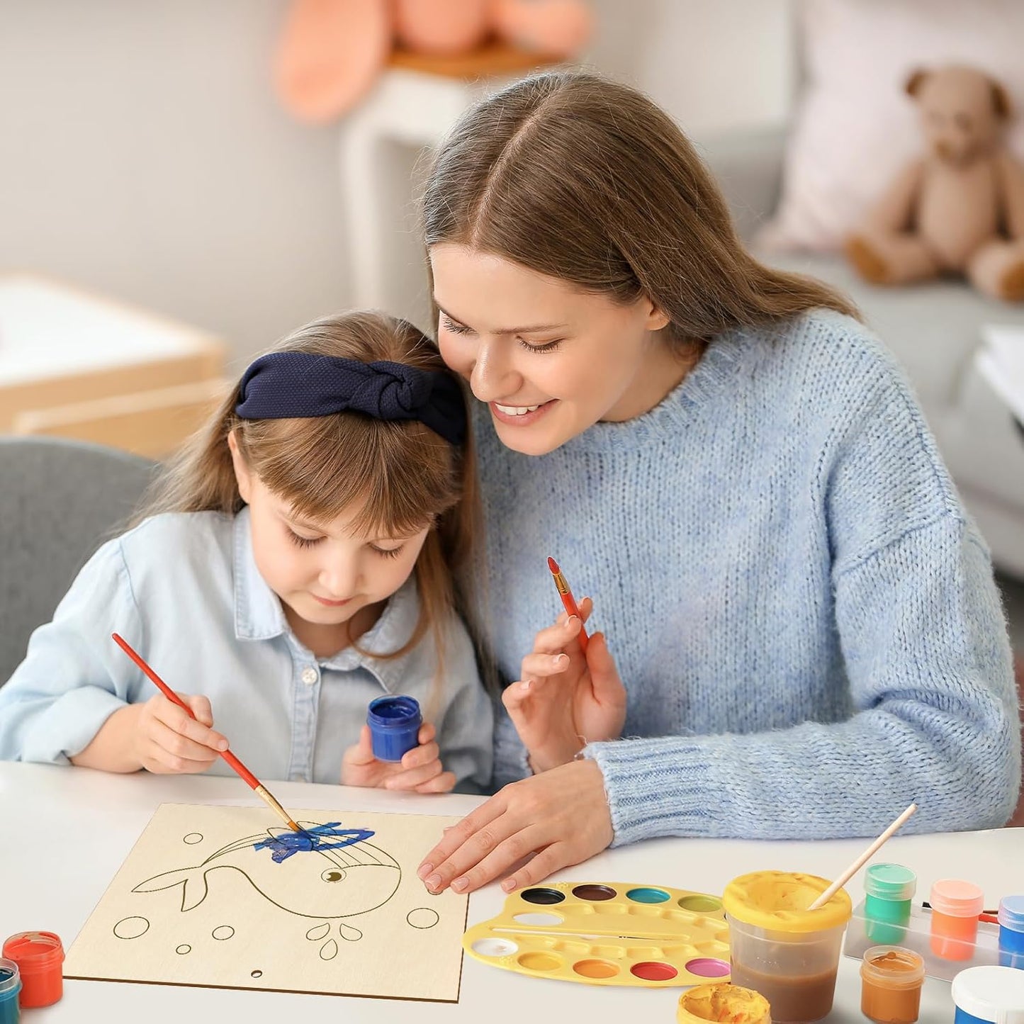 COCHIE 10 Pieces Large Cute Animals Unfinished Wood Crafts to Paint for Kids Adults, Bulk Predrilled Wooden Ornaments for Painting, Animal Paintable Wood Slices Craft Supplies with Ropes