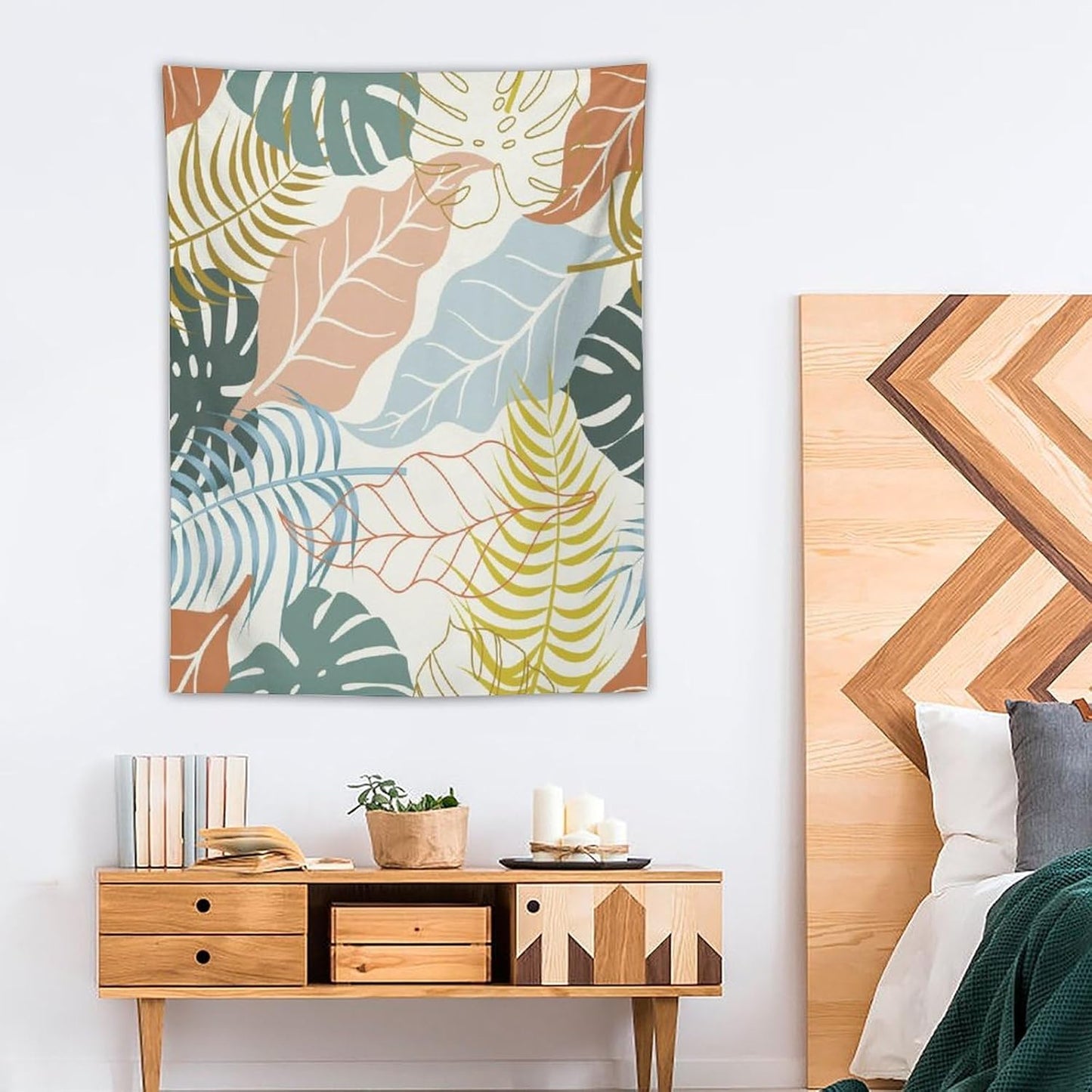 ICMOLYYENLO Boho Green Leaves Tapestry, Mid Century Abstract Tropical Palm Leaves Modern Minimalist Geometric Wall Hanging, Neutral Home Decor Art for Living Room Bedroom Dorm 30x40 Inch