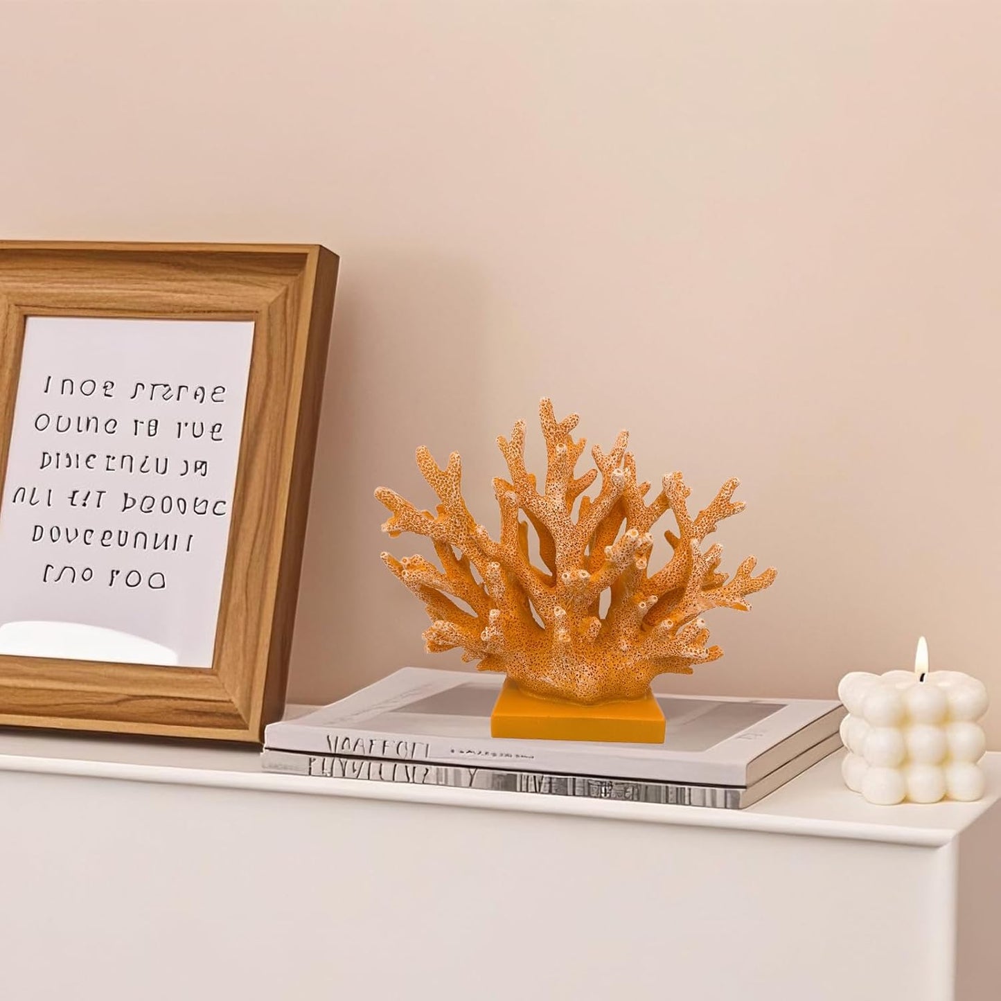 5.8" H Orange Coral Decor - Resin Coral Statue, Nautical Decor for Home, Bedroom, Bathroom, Living Room, Ocean Themed Cabinet Shelf Tabletop Decoration