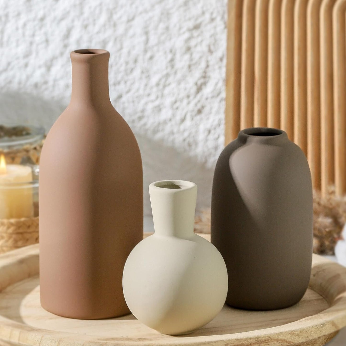 Ceramic Vases Set of 3, Modern Neutral Rustic Farmhouse Home Decor Pottery Pampas Decoration for Living Room, Table, Bathroom, Bedroom, Entryway - Brown