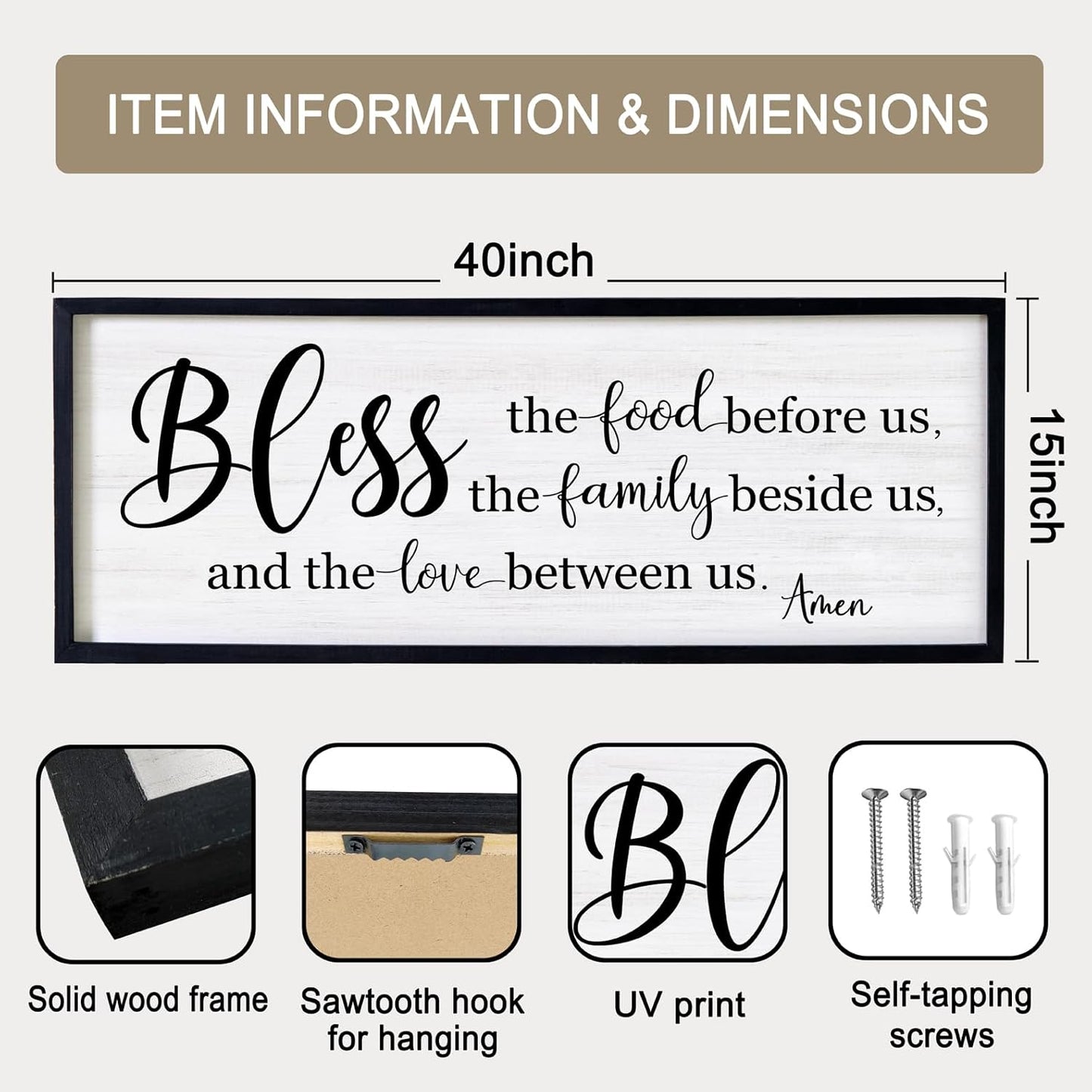 Bless the Food Before Us, the Family Beside Us, and the Love between us Framed Wall Art for Dining Room, 40''×15'' Holy Positive Religious Rustic Bible Verse for Christian God Jesus Christ Prayer