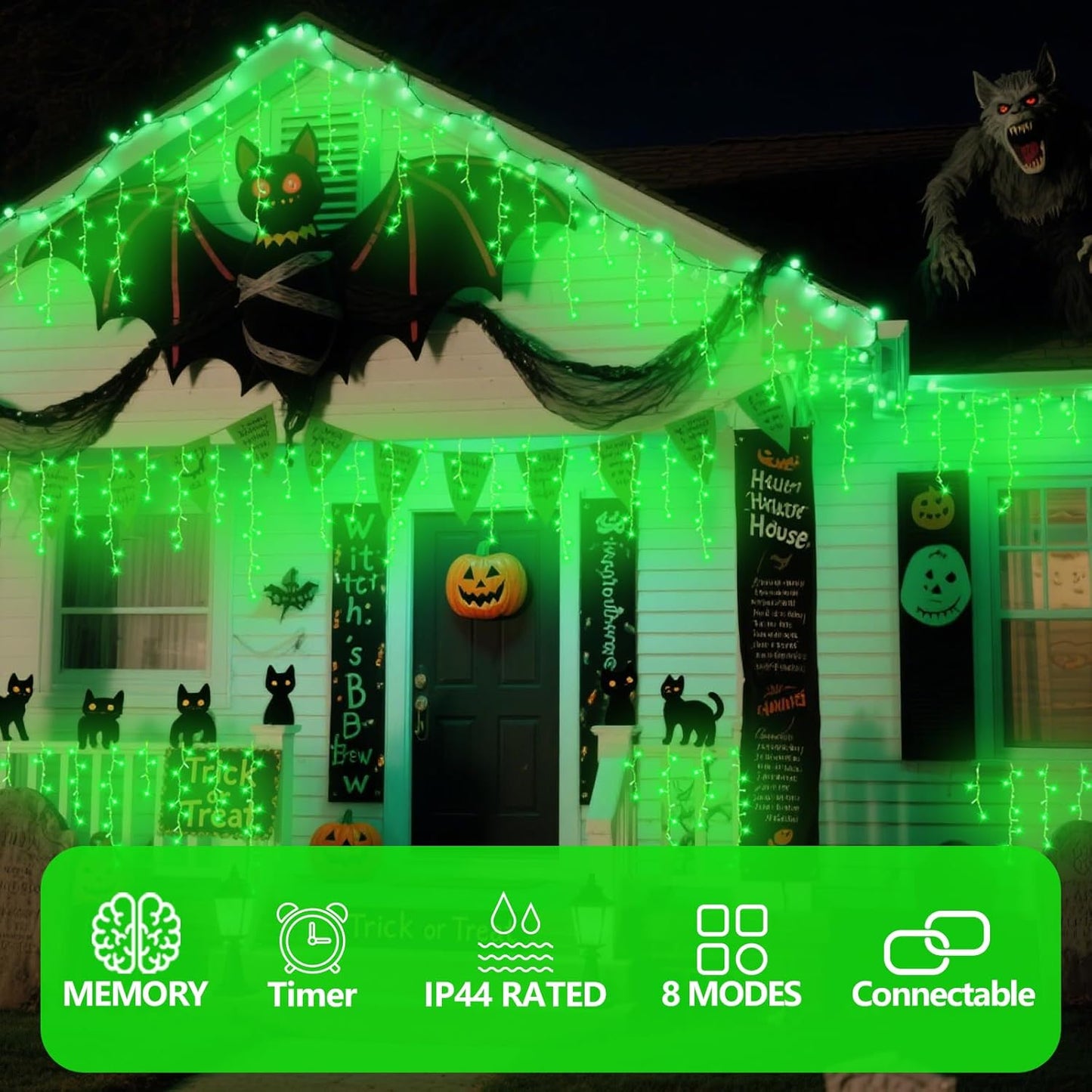 QITONG Green Icicle Lights for Outside, 33ft 400 LED Halloween Light Plug in with 8 Modes, Clear Wire Connectable Christmas Lights Indoor with 80 Drops