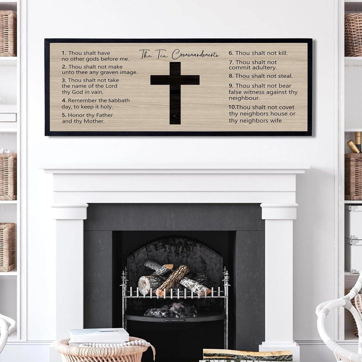 Ten Commandments Rustic Bible Verse Framed Wall Art 40" x 15" Black Religious Christian Slogan Representing God Jesus Christ Prayer Vintage Holy Inspirational Catholic Scripture Decor