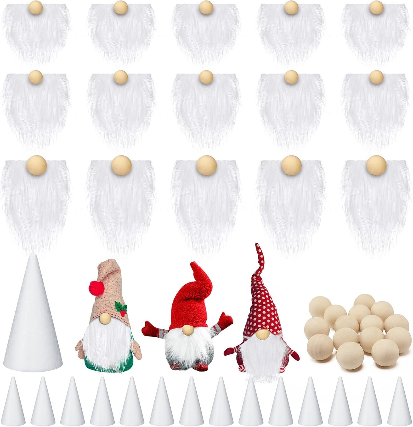 60 Pcs Gnomes Beard Sets Faux Fur Pre Cut Gnomes Beard Foam Cone Foam Handmade Wood Balls for Halloween Christmas Day Crafts(White)